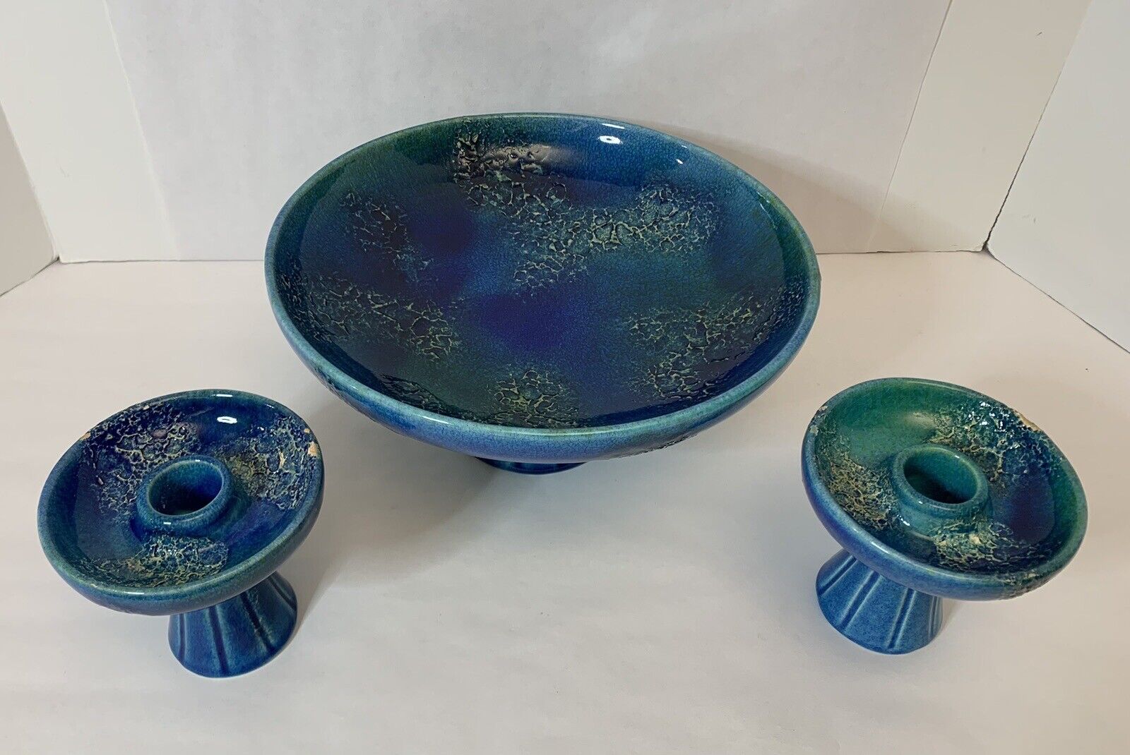 Vintage Royal Haeger Mid Century 1960’s Etruscan Blue Glaze Candle Sticks & Bowl
