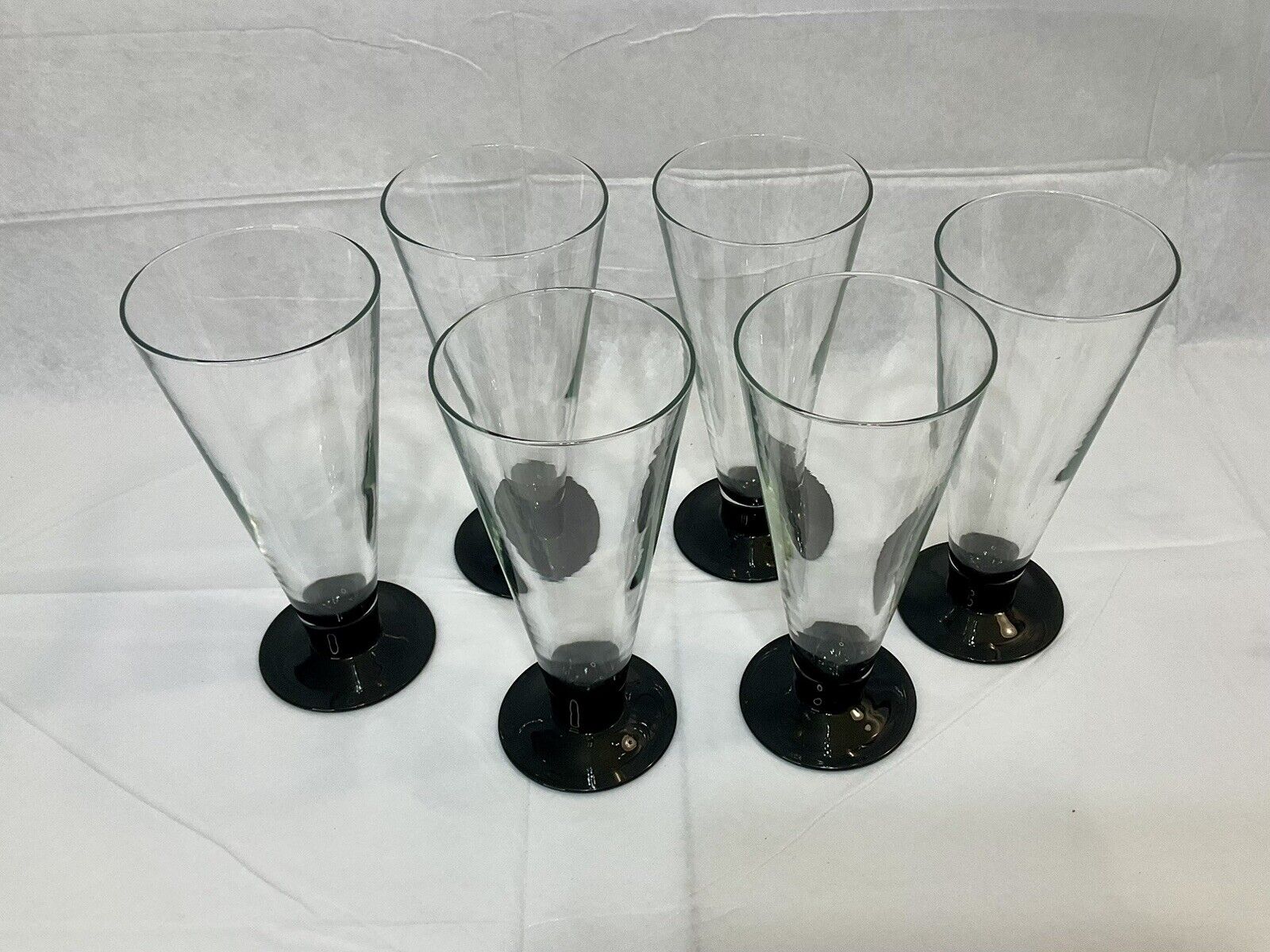 Vintage Set Of 6 Made In France 7” T Black Footed Pilsner Beer Glasses Barware