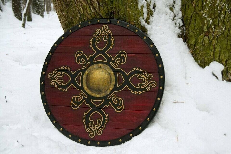 Viking Wooden Round Shield Authentic Battle Worn Norse Valhalla Helm Of Awe Prop