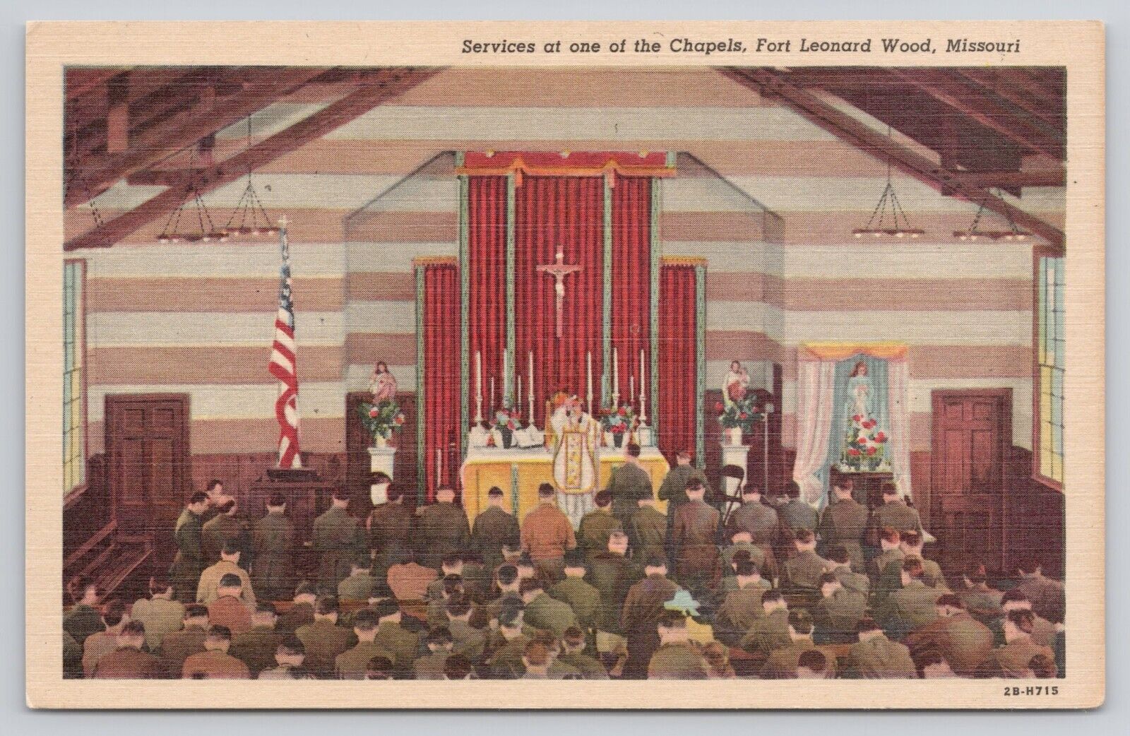 Fort Leonard Wood Missouri MO - Services at Chapel Soldiers 1942 Postcard