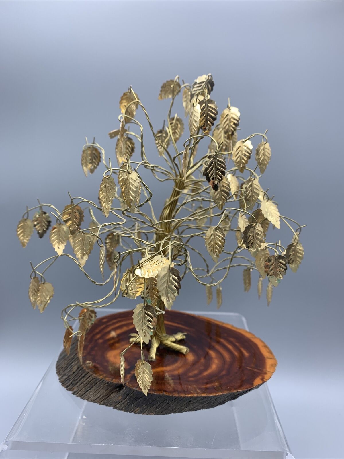 Vintage Moneytree MCM Gold Leaves Twisted Wire On A Wood Base Shimmering Aspen