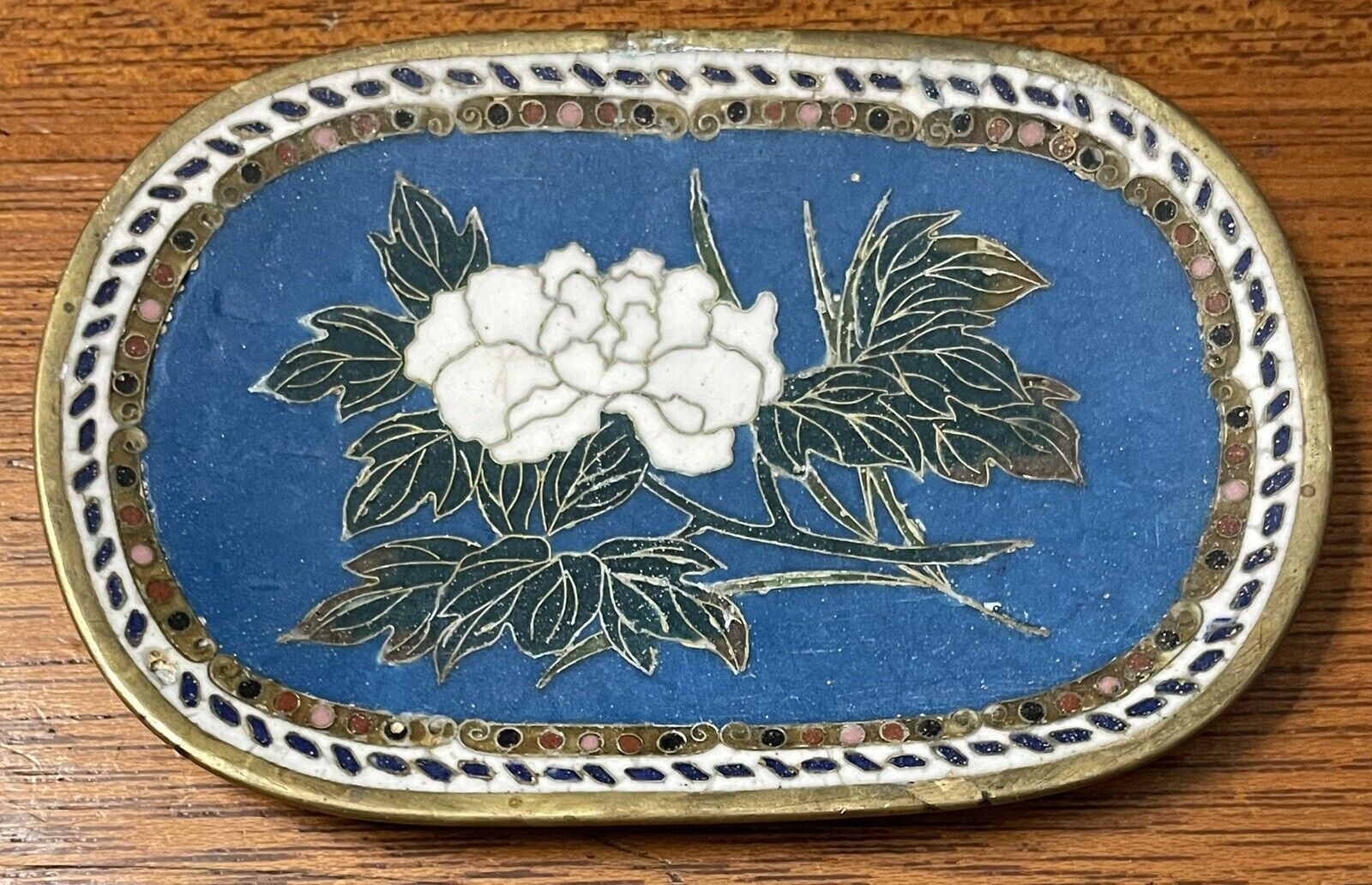 Old Antique Cloisonné Enameled Brass Trinket Pin Oval Tray  Japanese / Chinese