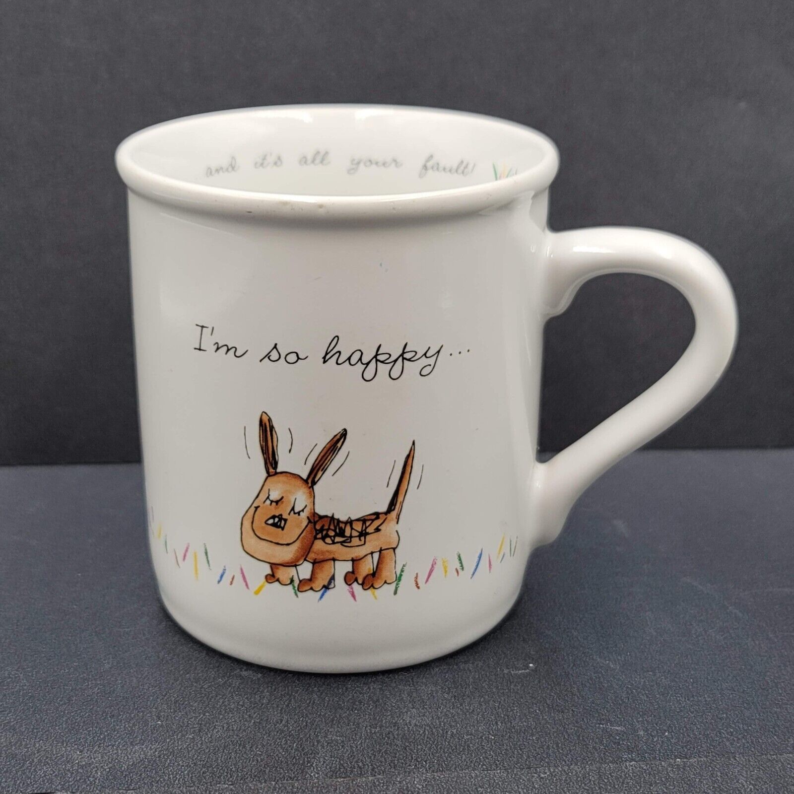 Vtg 1985 Hallmark Rim Shots I’m so Happy Coffee Cup Mug Dog Mom Dad Humorous