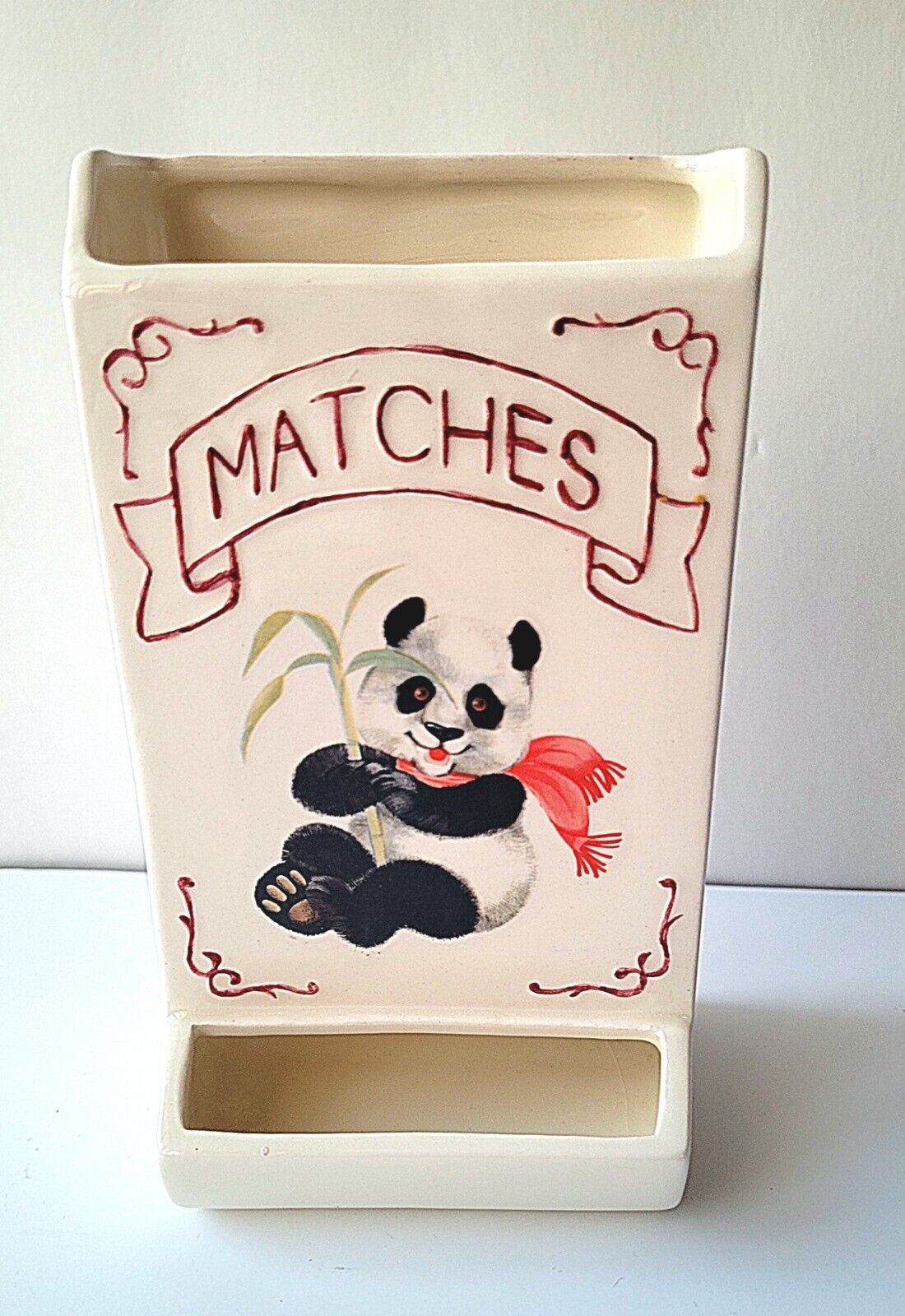 Vtg Ceramic Hand Painted Match Holder  Cute Gift Panda Bear Bamboo Signed