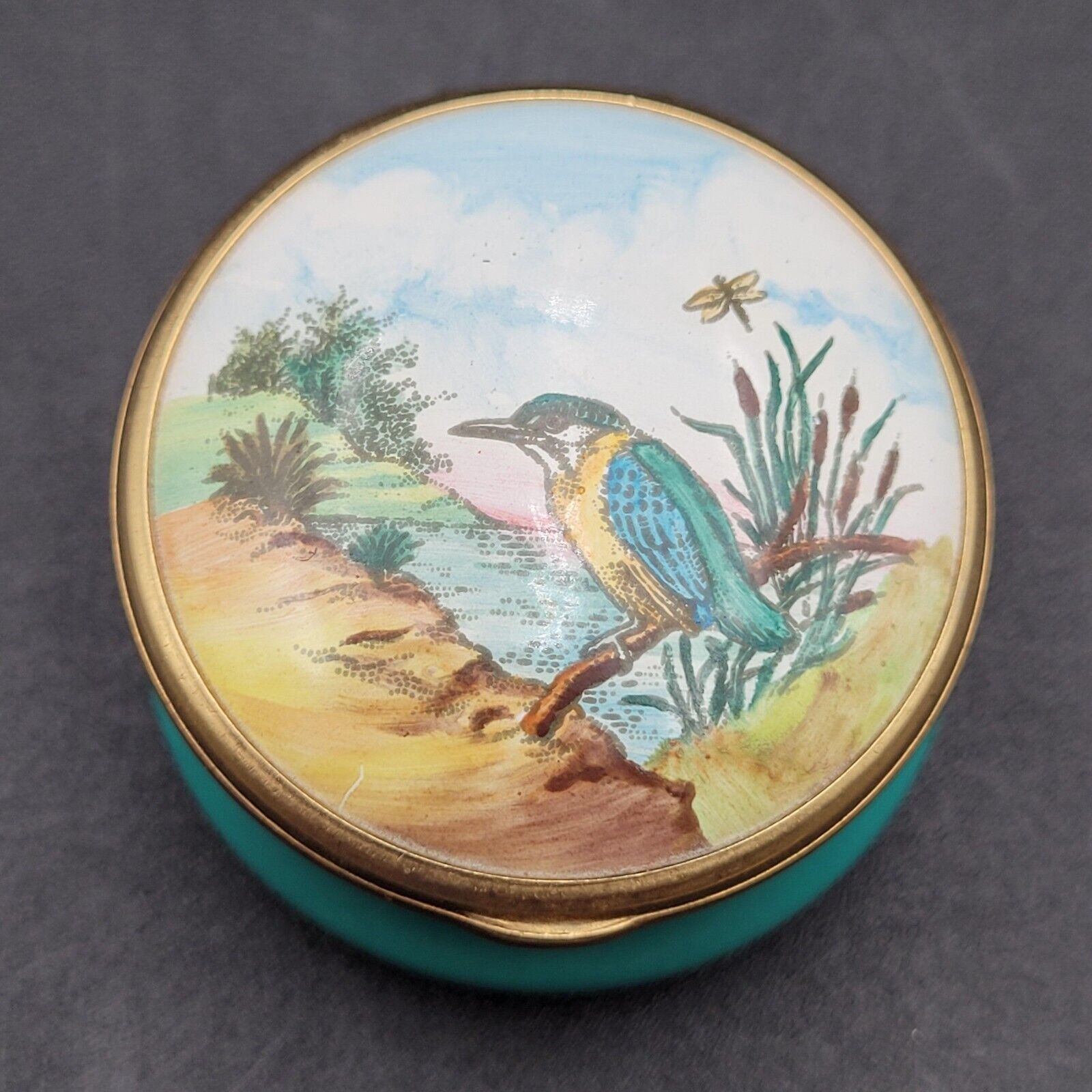 Vintage Halcyon Days Enamels England Trinket Pill Box Wary Kingfisher Dragonfly