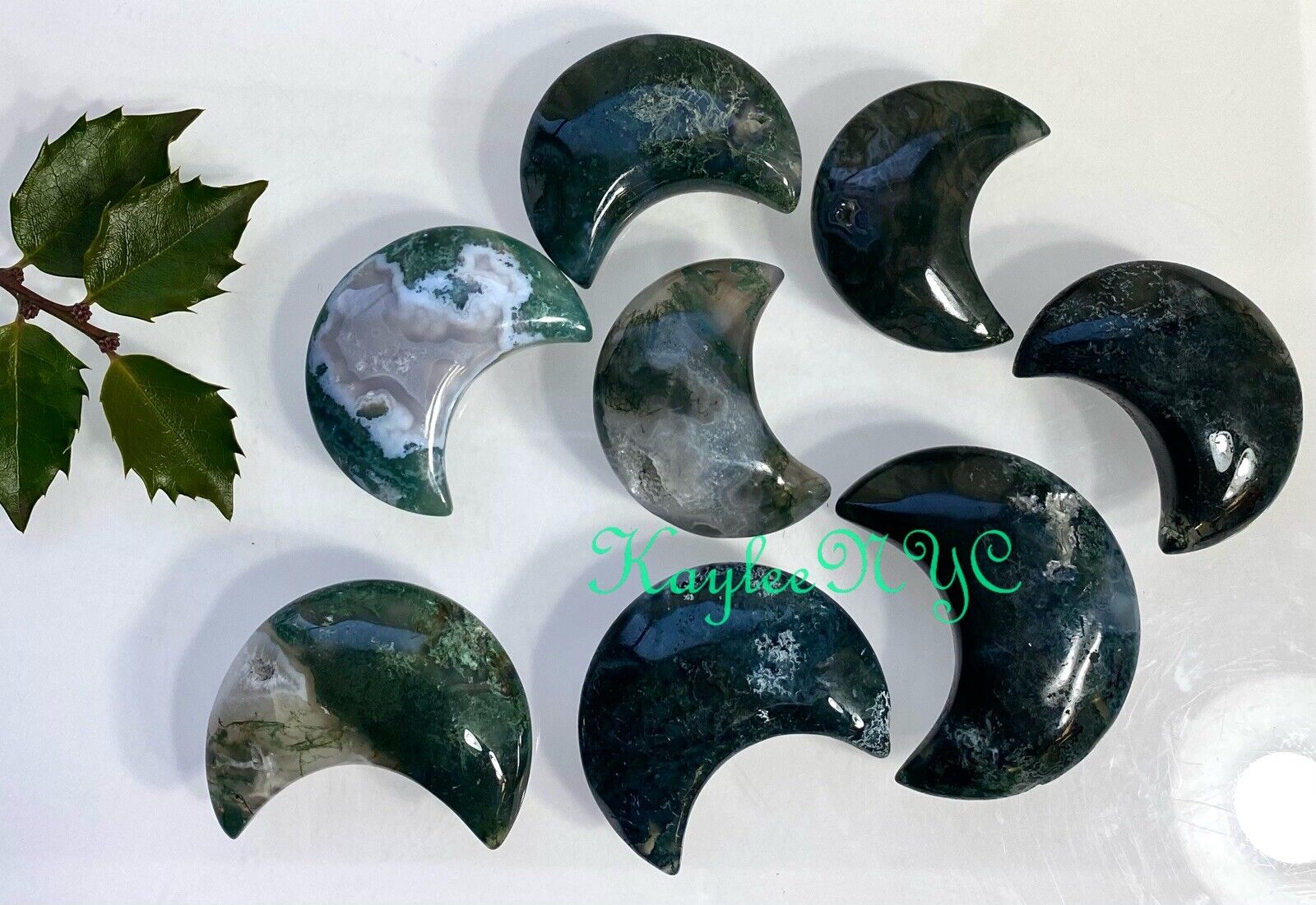 Wholesale Lot 8 Pcs Natural Moss Agate Crystal Moon 🌙 Healing Energy