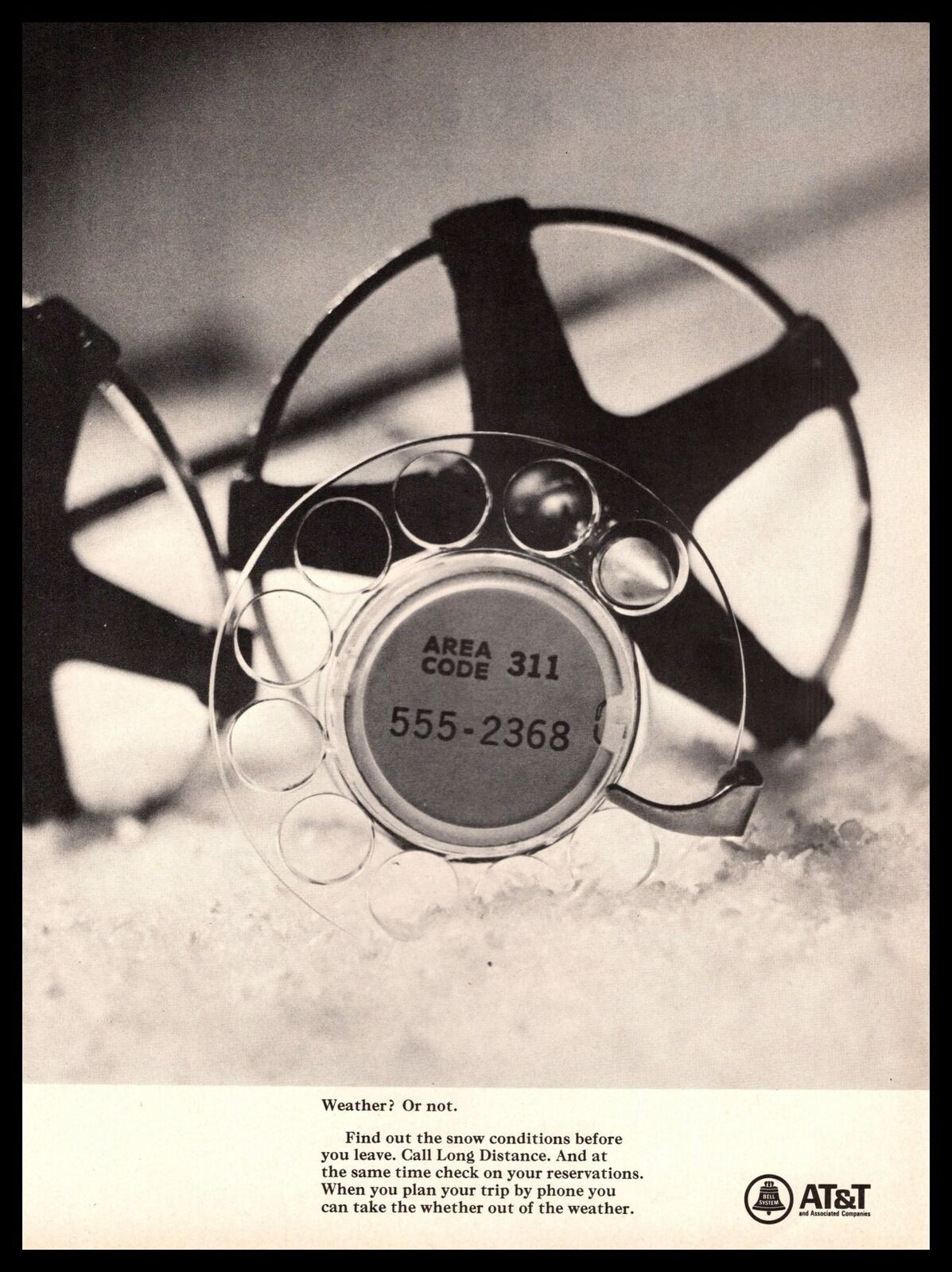1968 AT&T Long Distance Area Code 311 Rotary Telephone Dial Snow Ski Print Ad