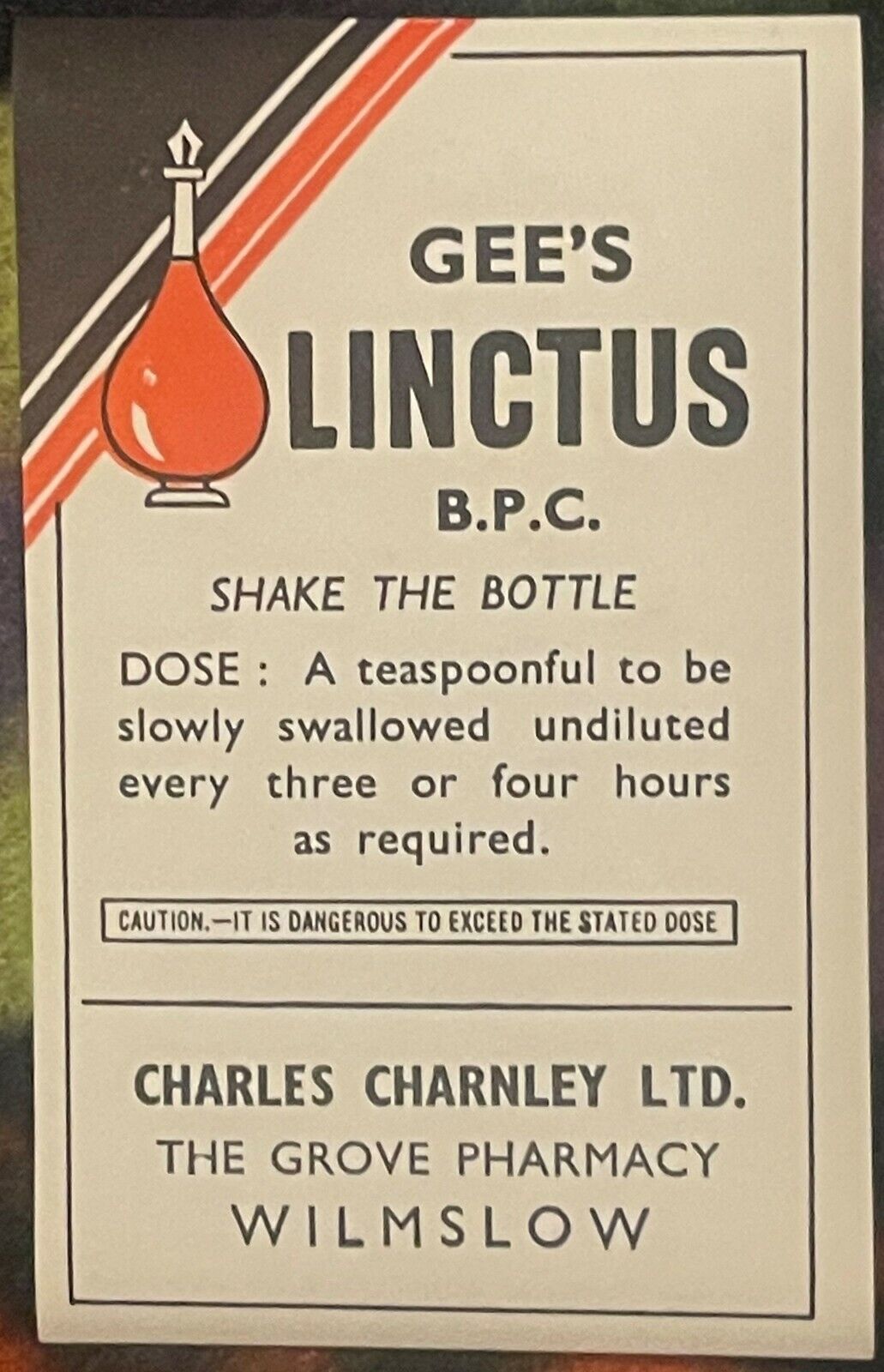 Very Rare Antique Vintage 1910s - 1920s Gee\'s Linctus Label, Opium and Alcohol