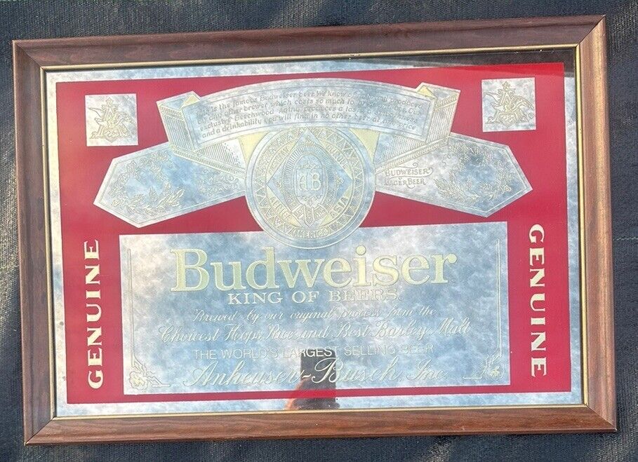 NOS Vintage BUDWEISER Beer Bar Wood Framed Mirror Sign King of Beers 26x18” Bar