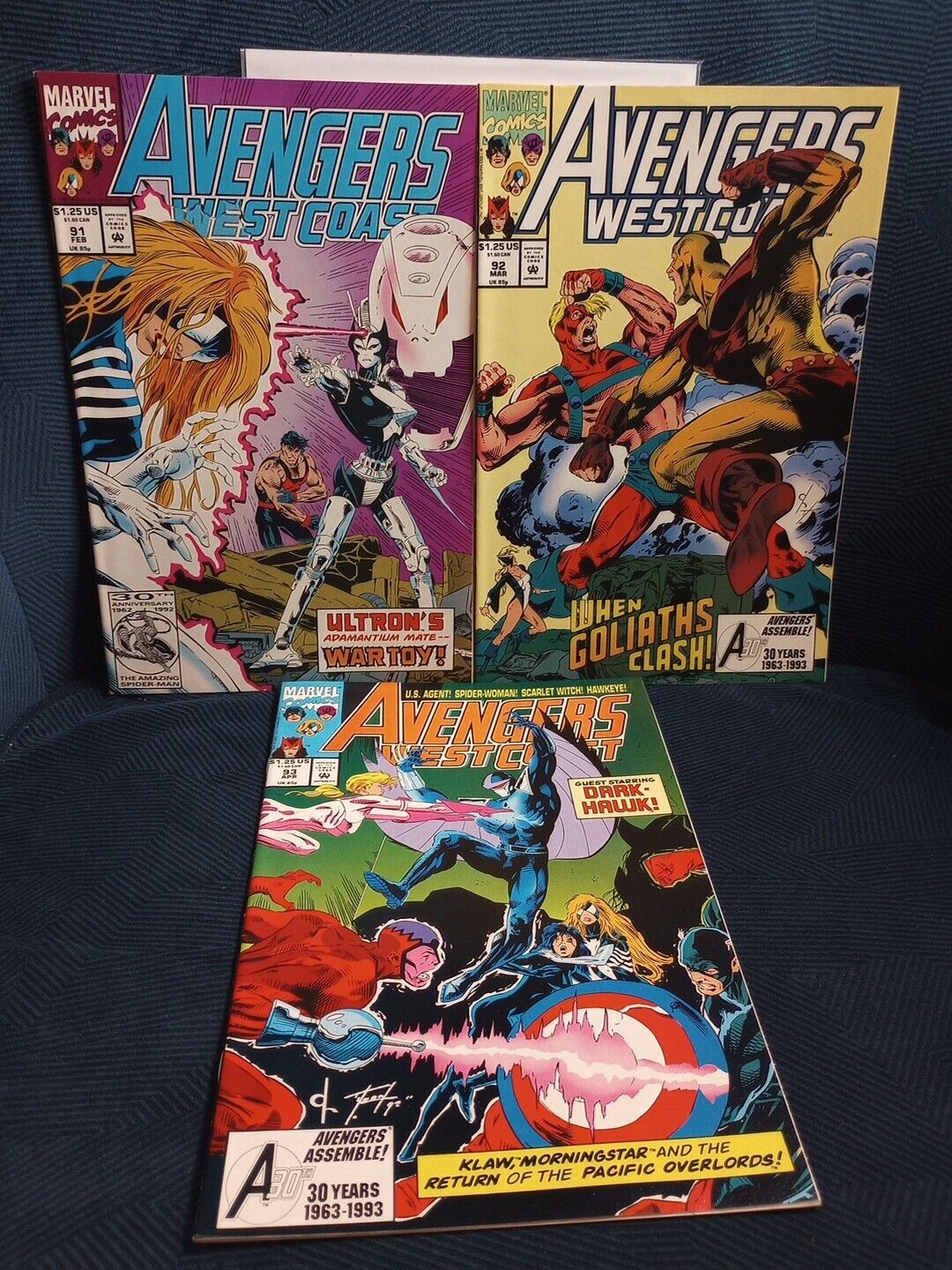 AVENGERS WEST COAST #91 + #92 + #93 (1993) NM 1st War Toy Appearance