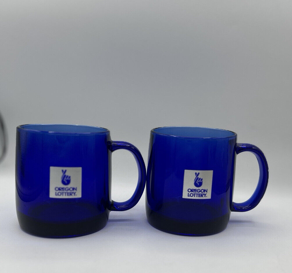 Vtg France Cobalt Blue Glass Coffee Tea Mugs Set of 2 OREGON LOTTERY PRINT