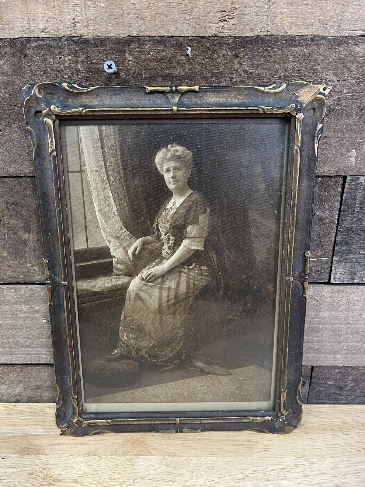 Antique Victorian Wood Framed Photo Of A Woman Sitting By A Window 
