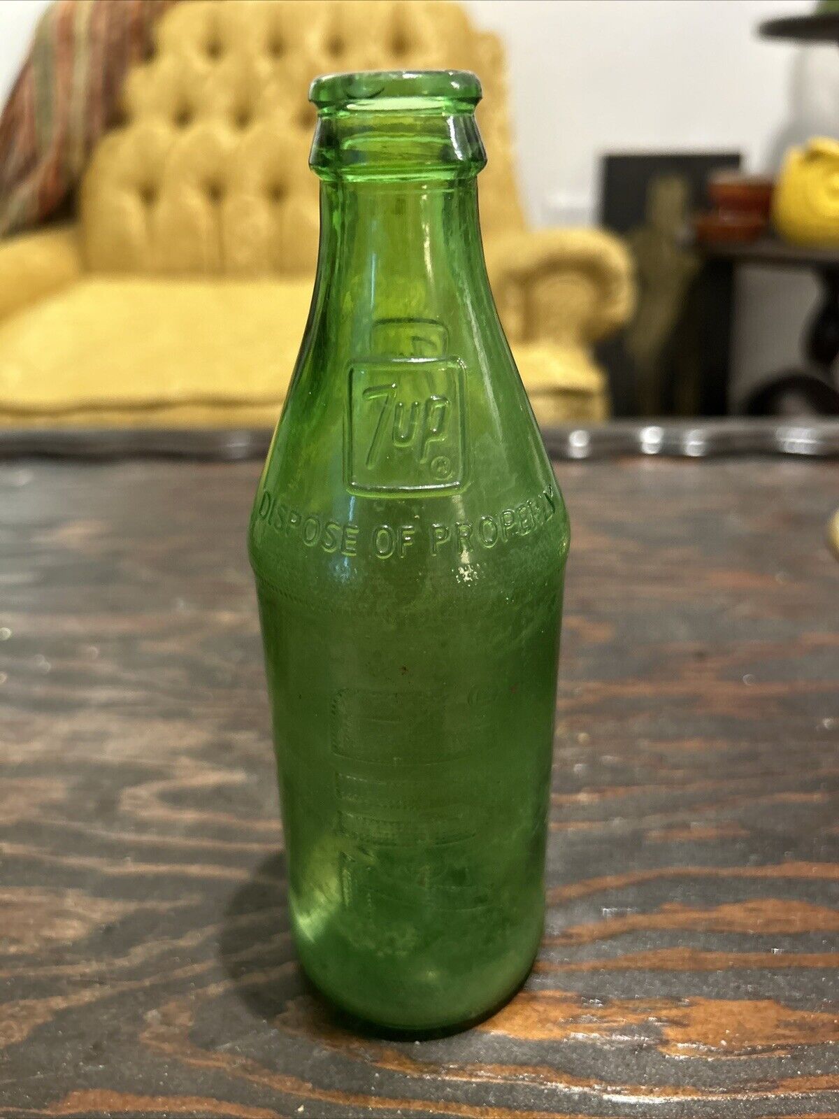 Vintage 7up Embossed Green Glass 10 oz Bottle-Rare 7up Glass Bottle-1979