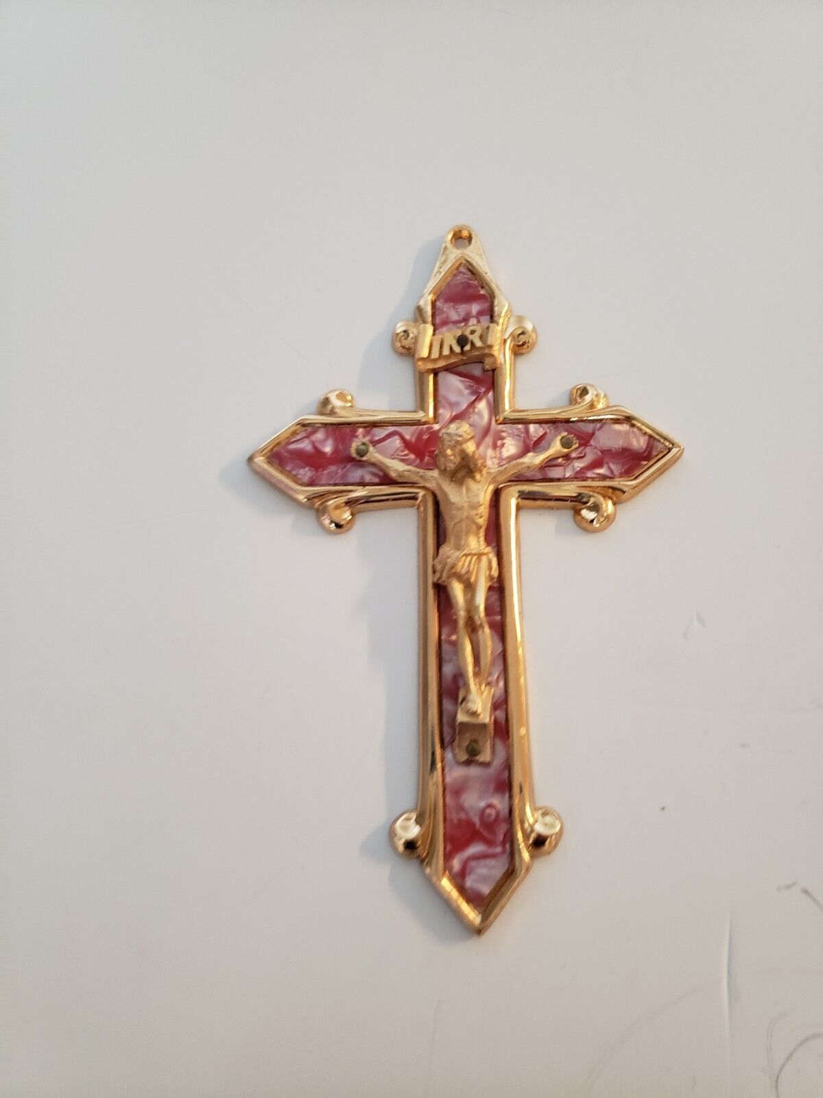 Religious-Crucifix Cross Goldtone with Rose Colors Metal Jesus INRI Vintage 9\