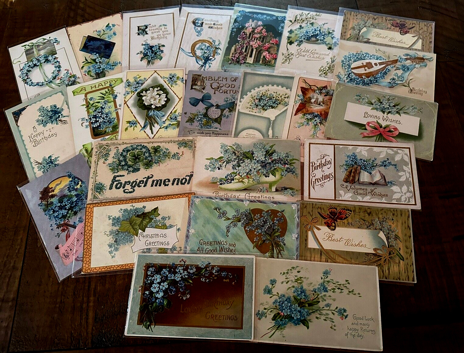 Lot of~23~Antique Greetings~Postcards w.~FORGET-ME-NOTS FLOWERS~in Sleeves-h817