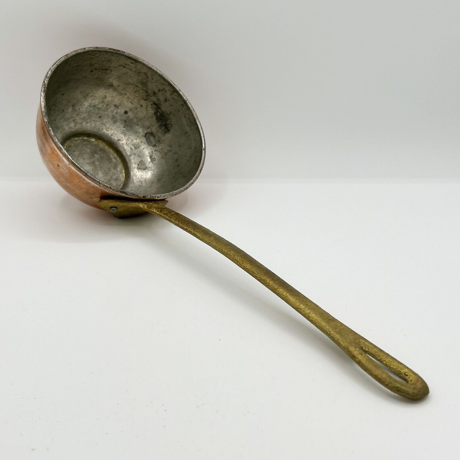 Vintage Primitive Tinned Copper Large Ladle With Heavy Forged Brass Handle