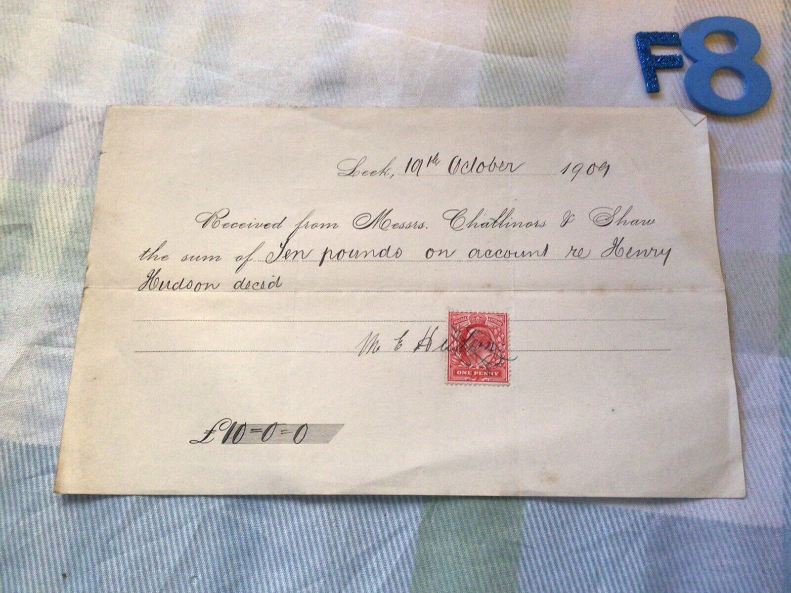 Rare 1909 Challinor & Shaw Co Solicitors Letter/Bill With Stamp Payment