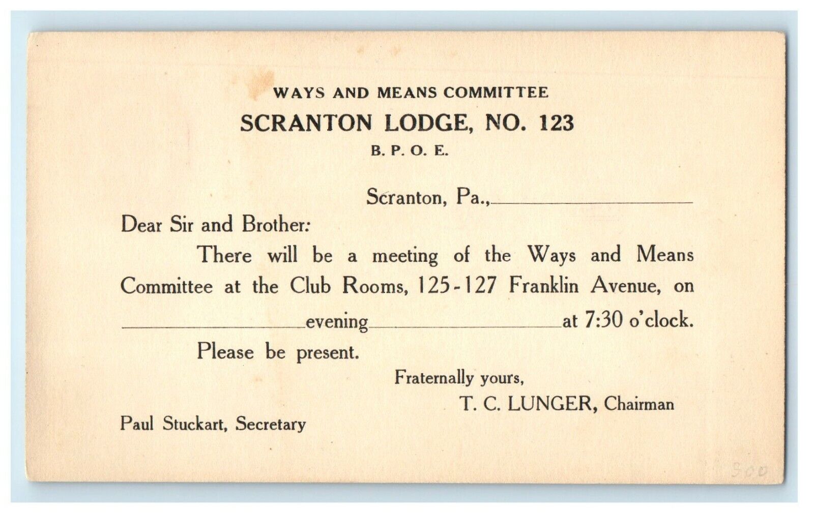 Scranton Lodge Committee Meeting Club Rooms Advertising Pennsylvania PA Postcard