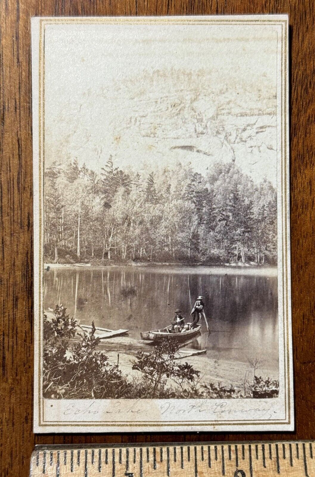Antique CDV landscape men boating Echo Lake North Conway NH