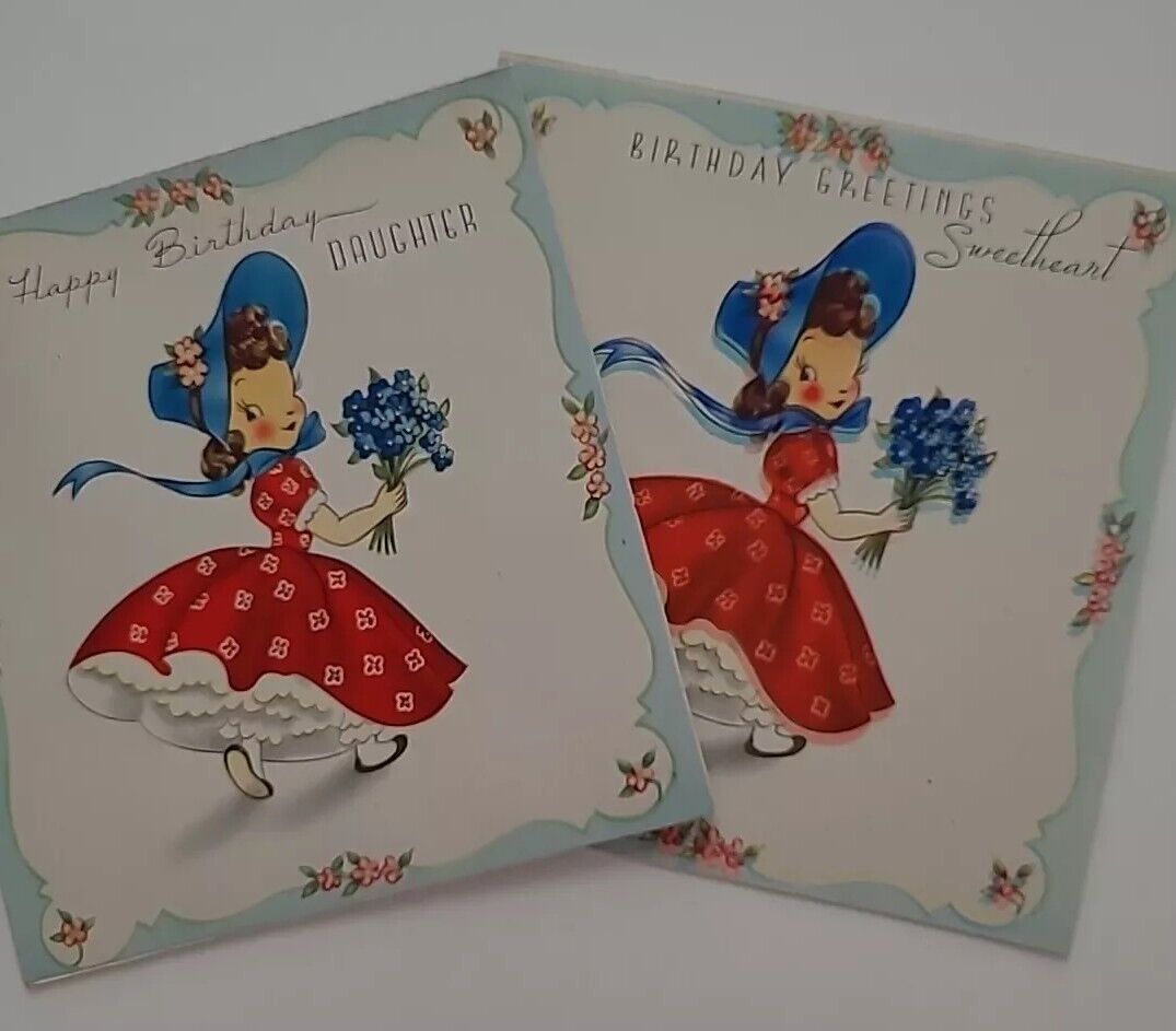 2 UNUSED Vtg 1950s Pretty GIRL To DAUGHTER & SWEETHEART Old Stock BIRTHDAY CARDS