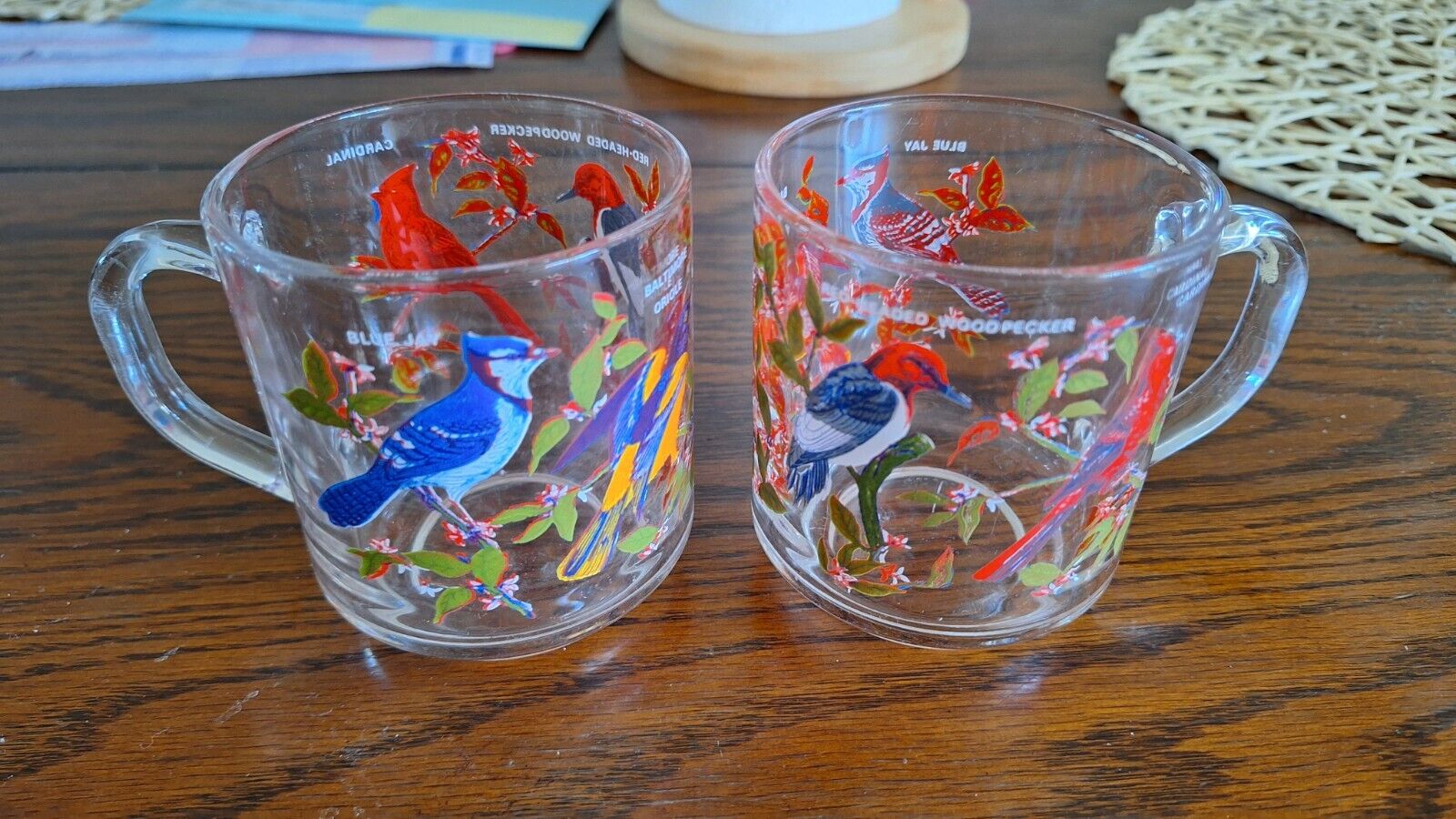 TWO Vintage Bird Glasses Coffee Tea Mug Arcoroc France Cardinal Blue Jay Oriole