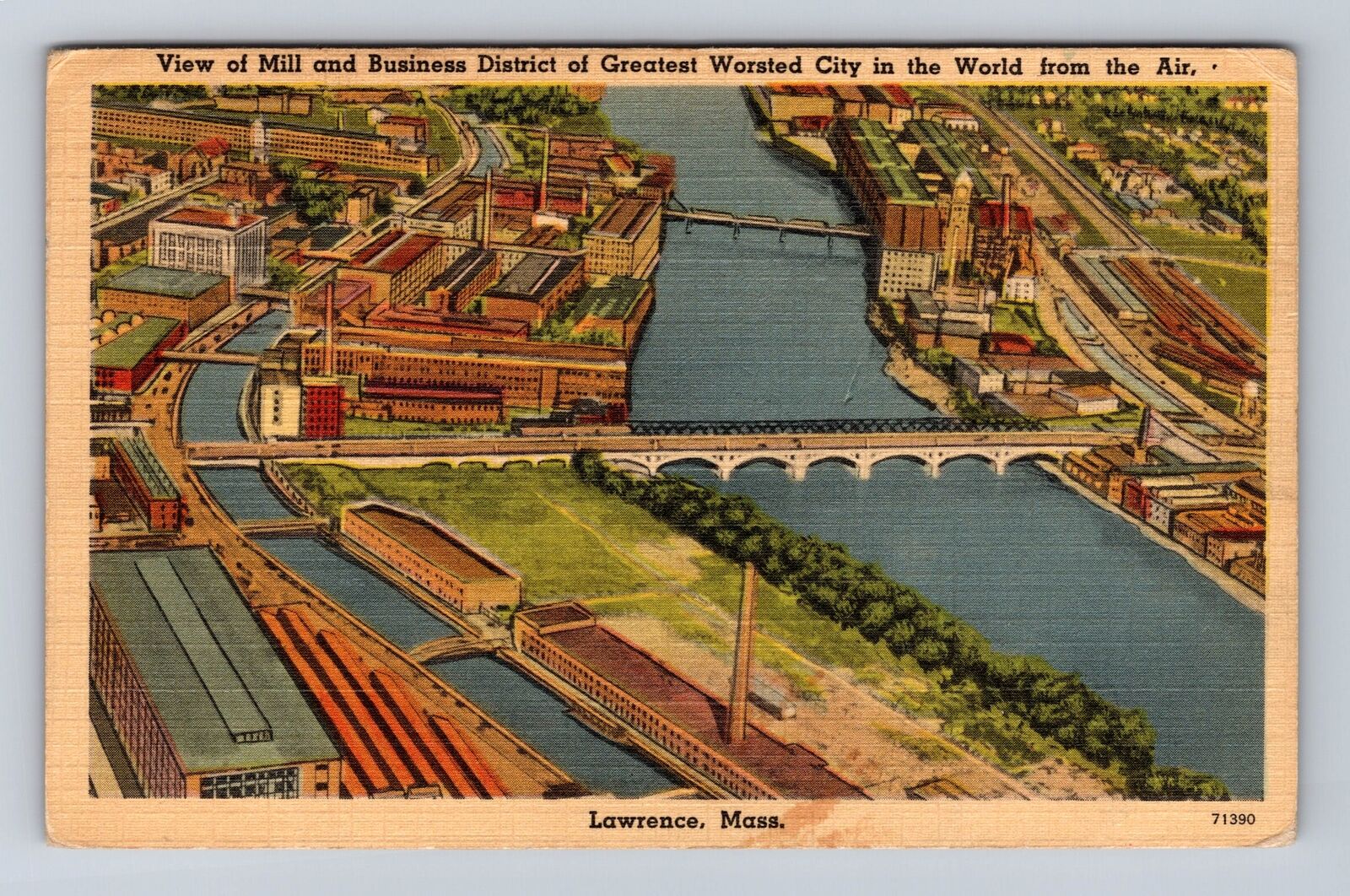 Lawrence MA-Massachusetts, Aerial Business District, Vintage c1943 Postcard