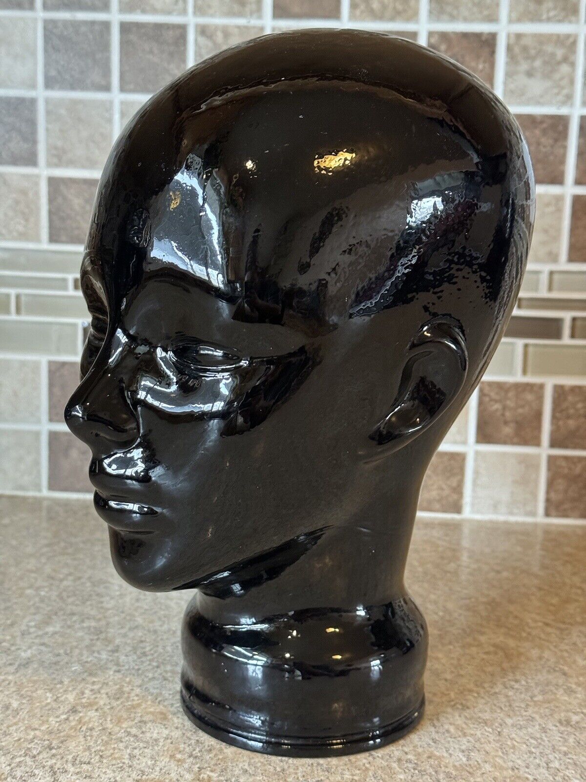 Vintage Pier 1 Black Art Glass Mannequin Head Bust Wig Hat Display Made in Spain