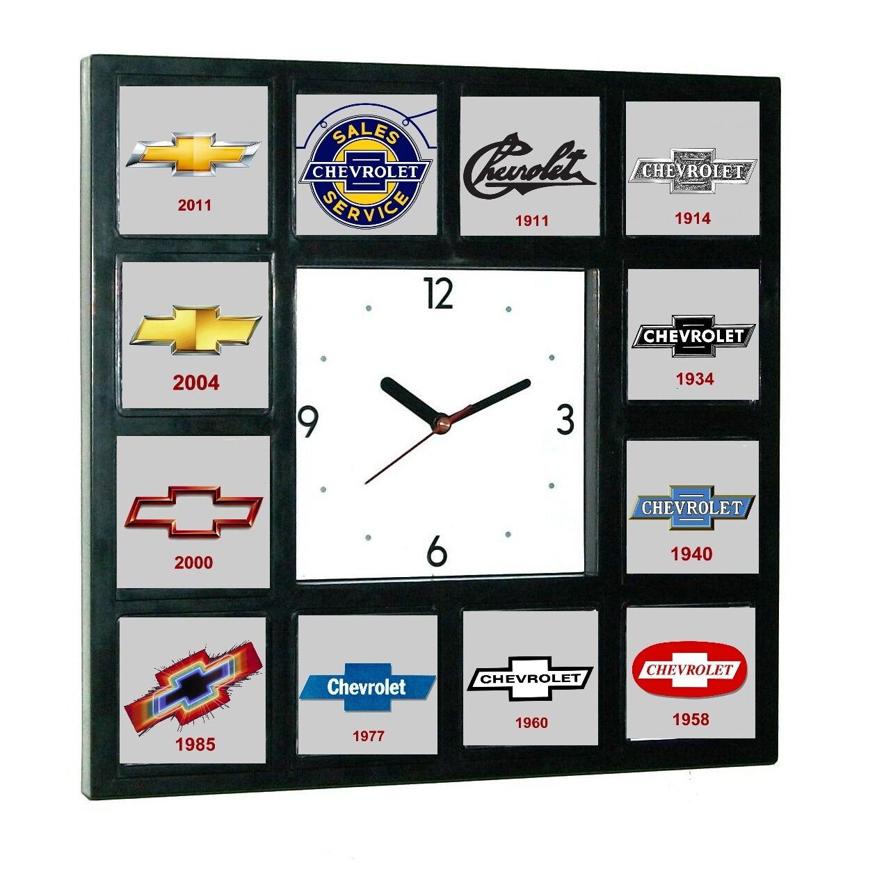 History of Chevrolet Chevy Bowtie Garage Man Cave Office Clock with 12 pictures