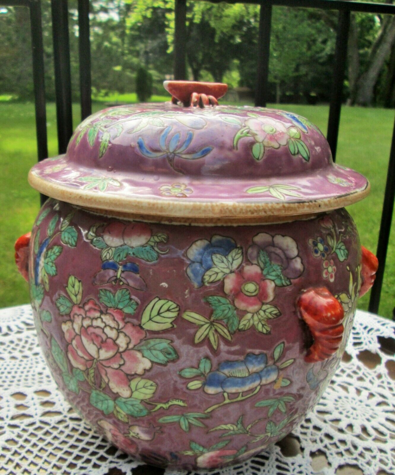 Chinese Vintage Antique Purple Ceramic Porcelain Soup / Rice Pot w Crab Finial 