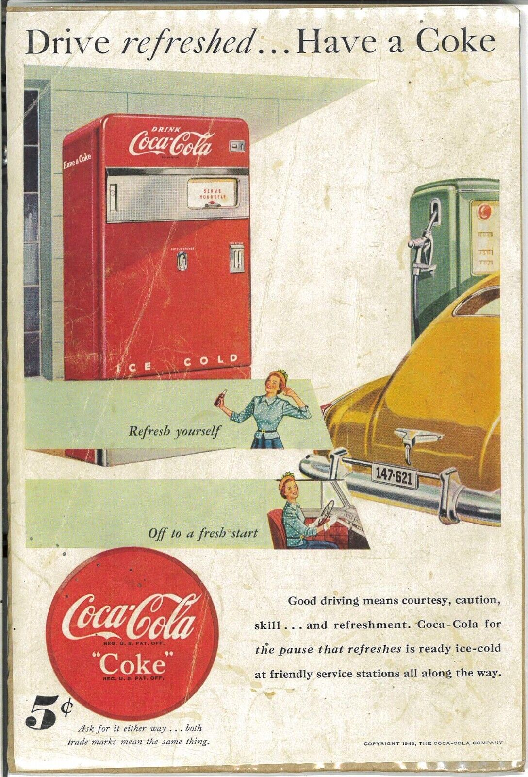 1948 Coca-Cola Soda Vintage Print Ad Bottle Machine Gas Pump Woman Driving Car