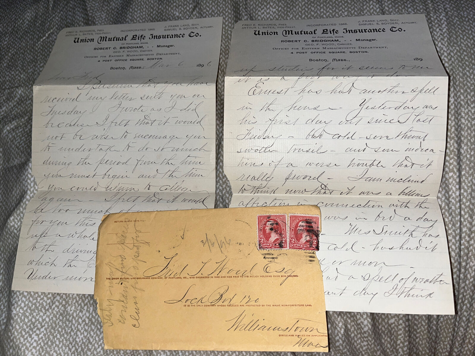 Antique 1896 Union Mutual Life Insurance Company Correspondence - Boston MA Mass