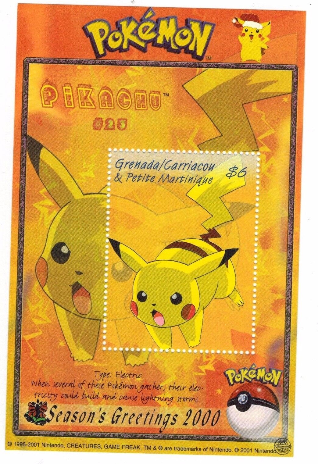 Grenadines 2000 - Pokemon Nintendo Christmas Pikachu Souvenir Stamp sheet - MNH