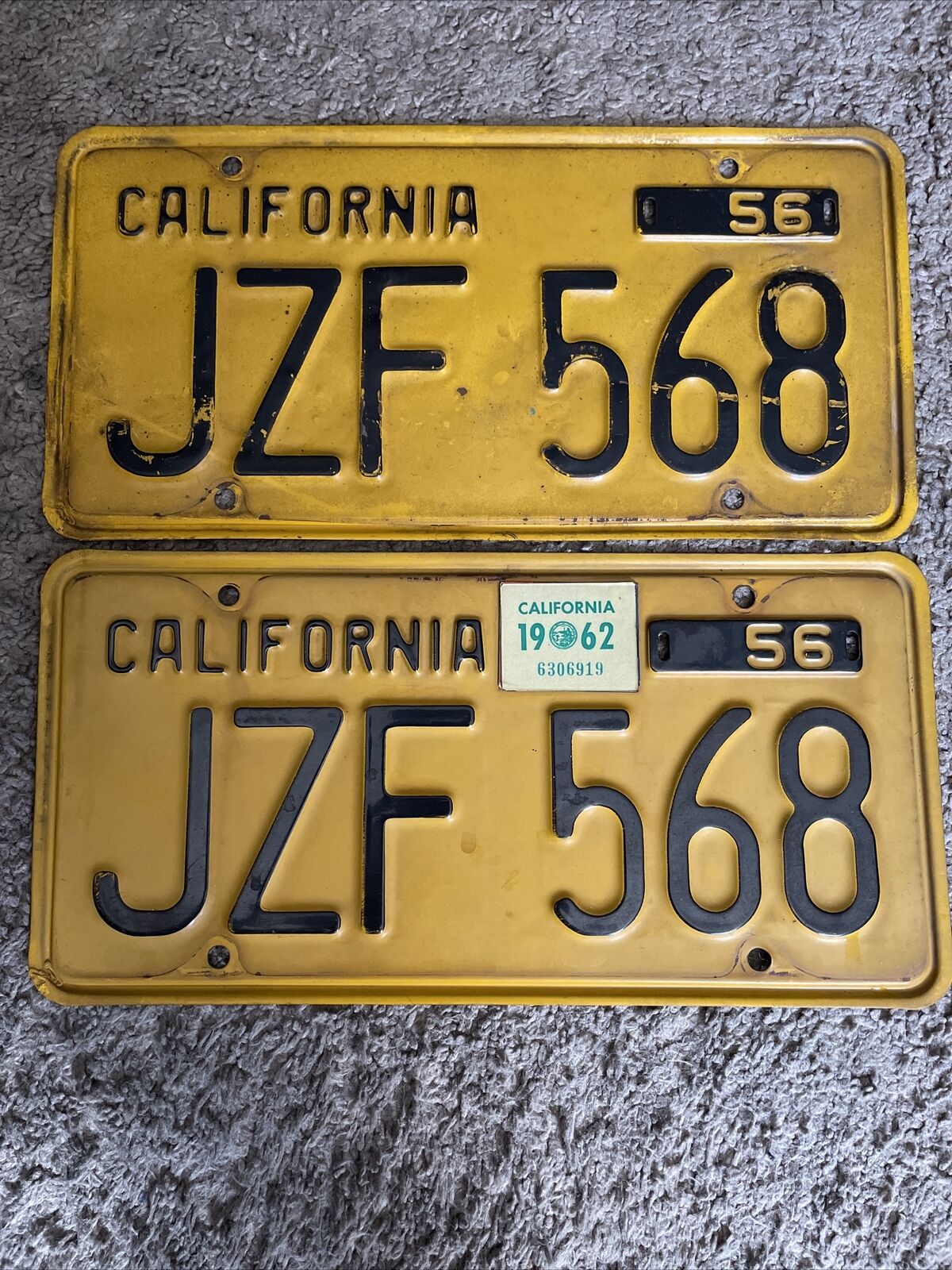 Two 1956 Vintage California License Plates Yellow Black JZF 568 - PAIR