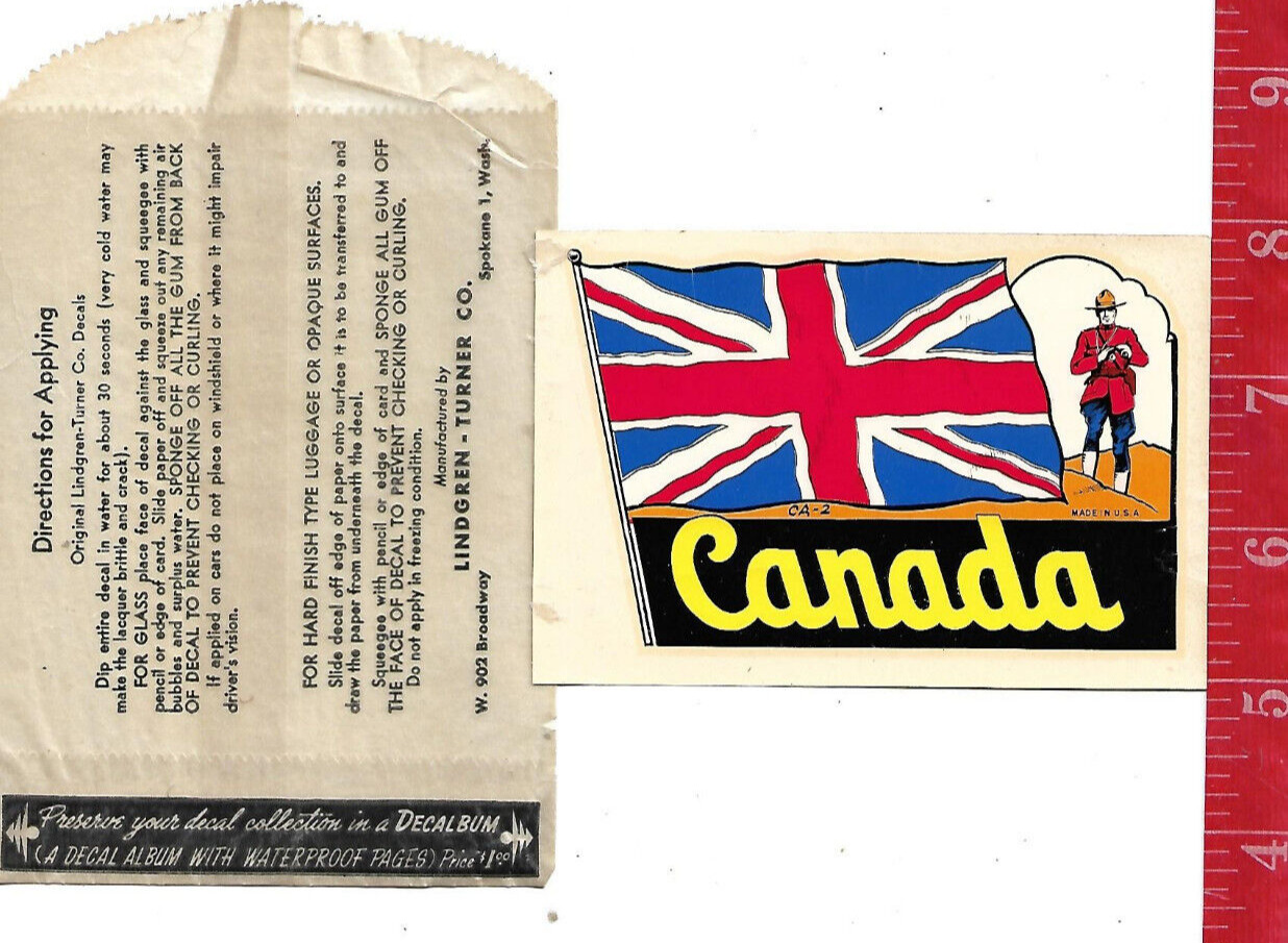 Vintage water decal Flag of Canada Lindgren-Turner with Mountie