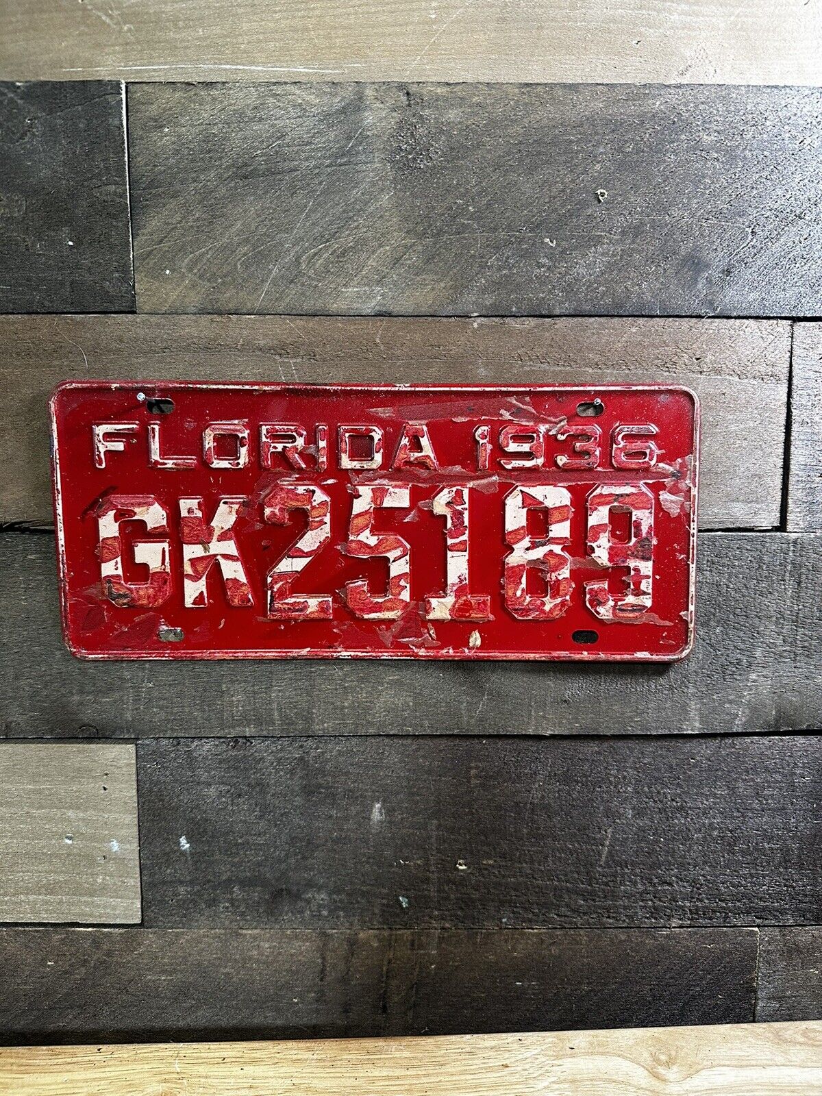 VINTAGE 1936 FLORIDA TAG ARMY LICENSE PLATE #GK25189