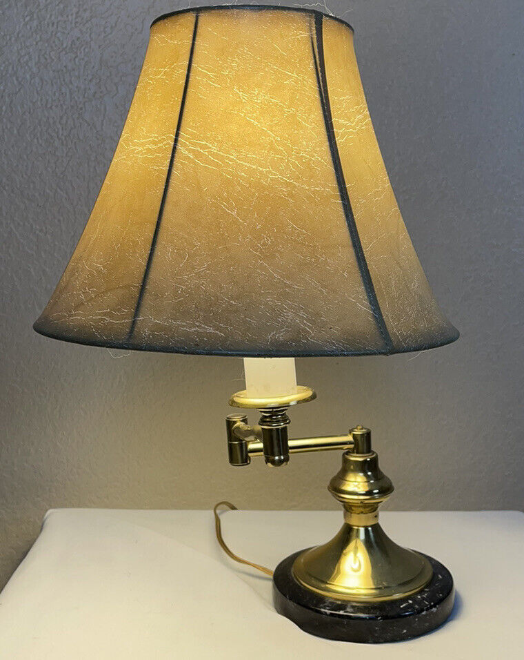 VTG Swing Arm Desk Lamp Brass Stone Marble Base Bankers Light With Shade