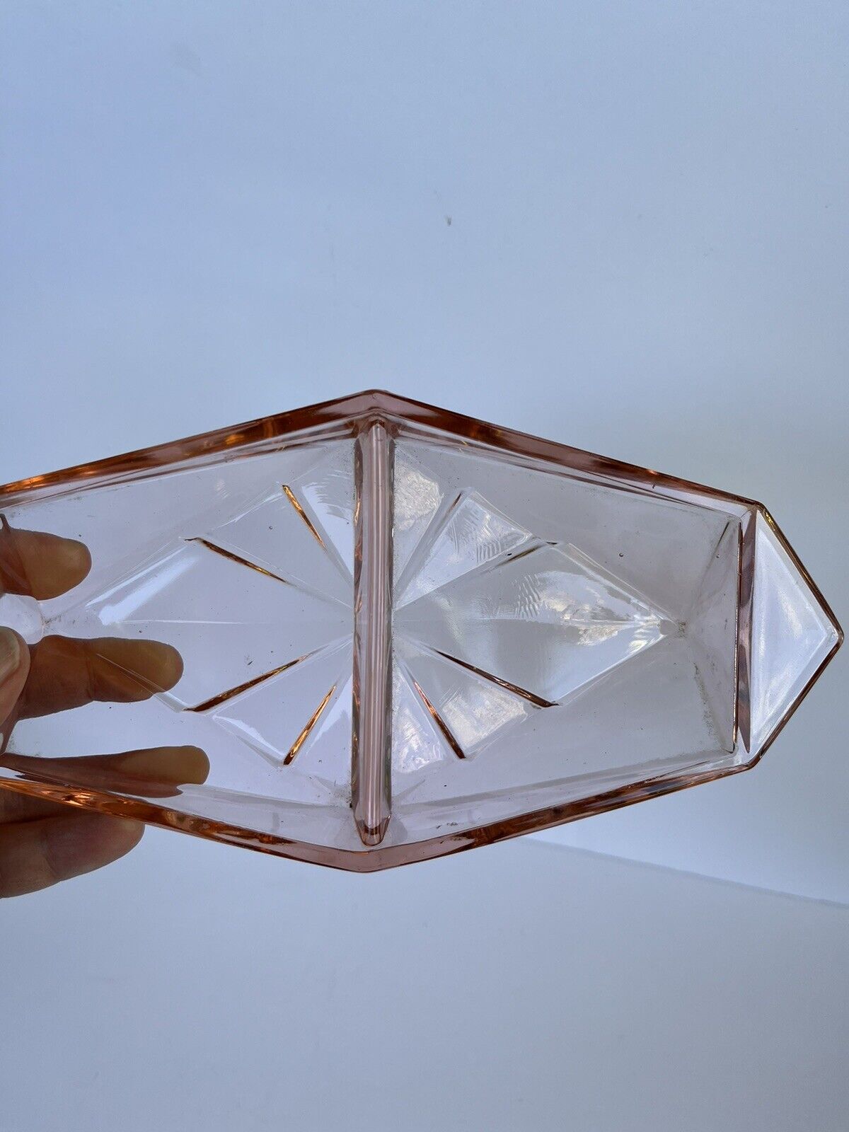 VTG Art Deco Geometric 9” Pink Depression Glass Relish-Condiment Dish MCM