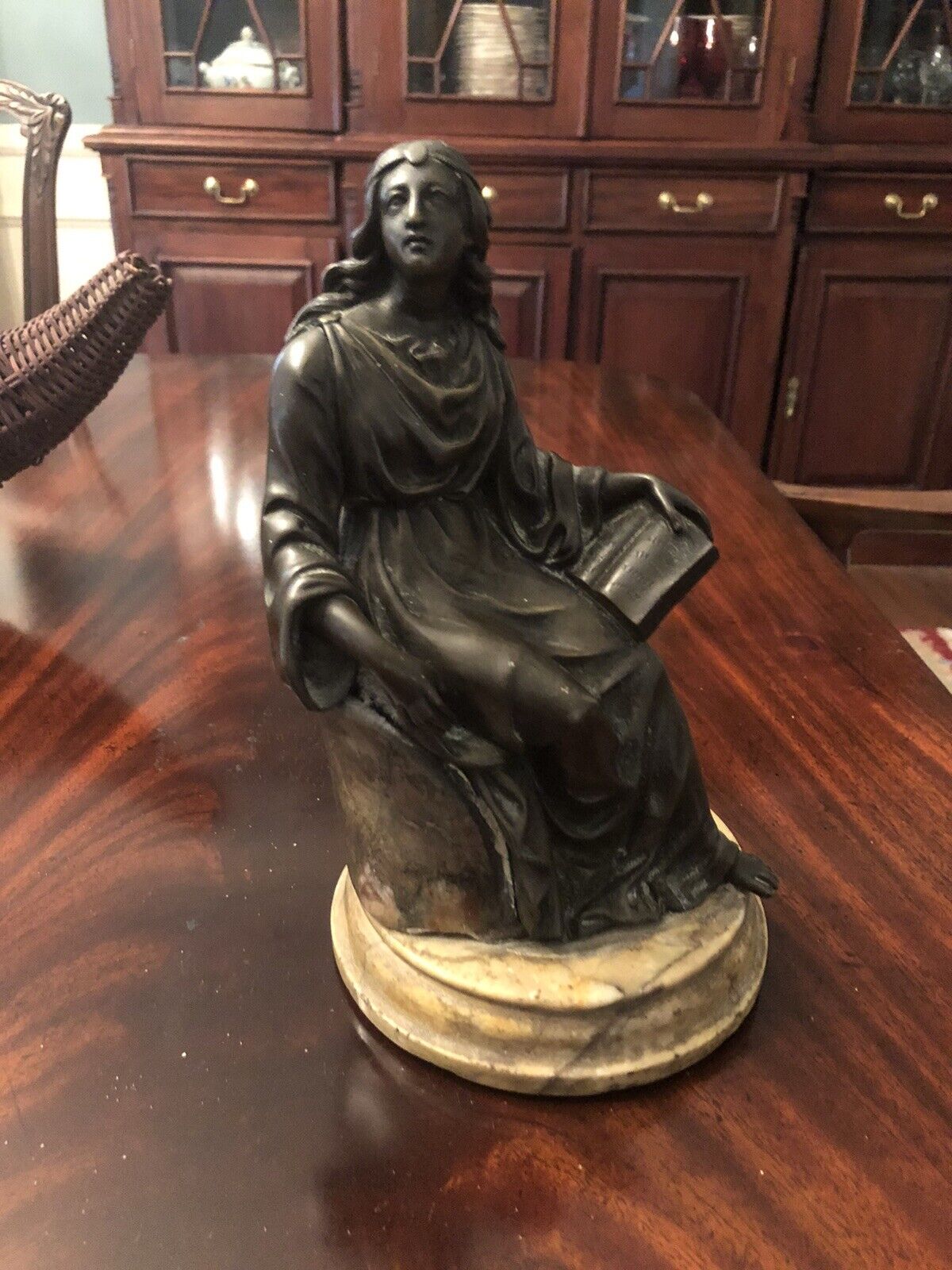 Vintage Bronze Statue Of Lady With Scroll On Marble Base