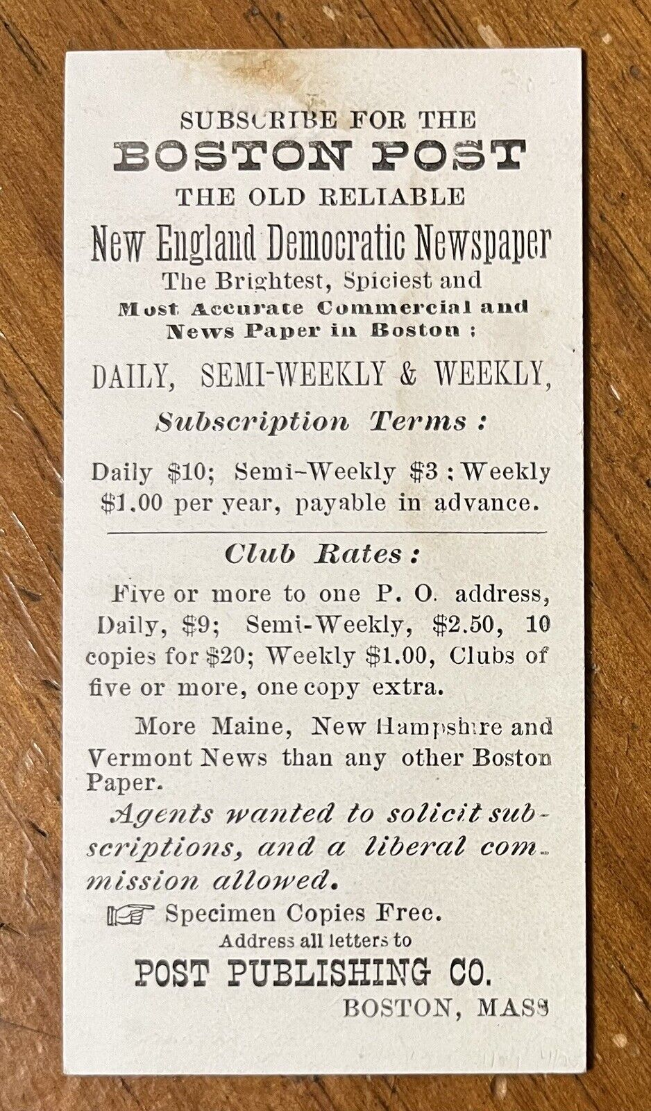 Boston Post Newspaper 1882-1883 Pocket Calendar Trade Card 4x2 Inches- Original