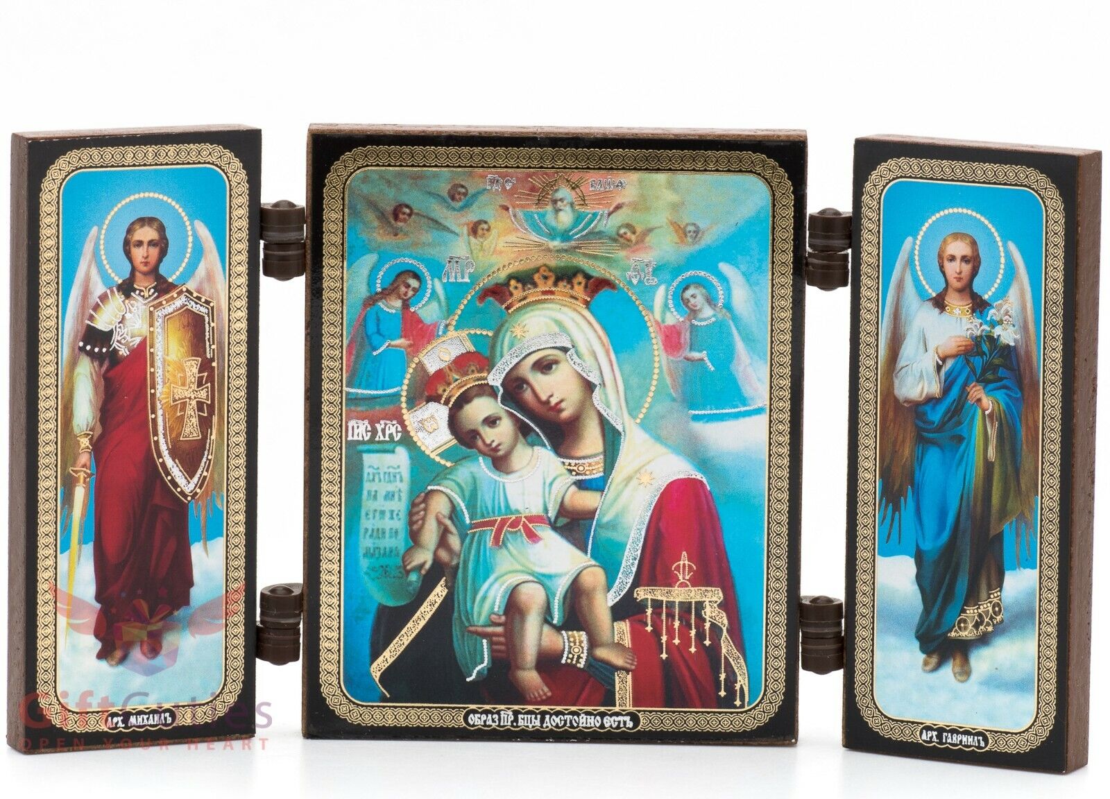 Folding Wooden Triptych Icon of Axion Estin Truly Meet Virgin Mary & Archangeles