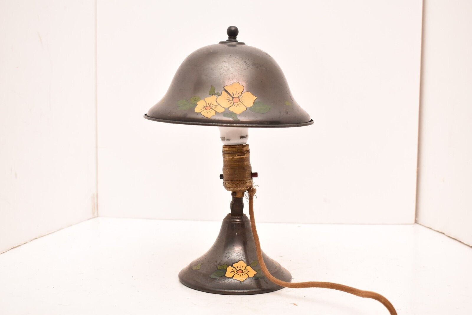 RARE Vintage Greist copper adjustable  Table Desk Lamp Painted Floral Motif