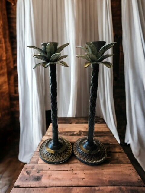 Set of 2 Graduated Metal Palm Tree Candlestick Holders Tropical Taper Candle 15\