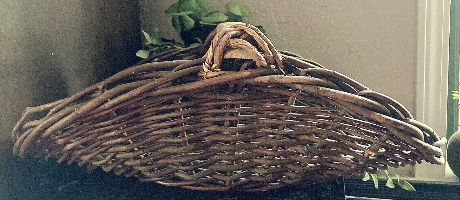 VTG Primitive Wood Handle Woven Wicker Flower Basket