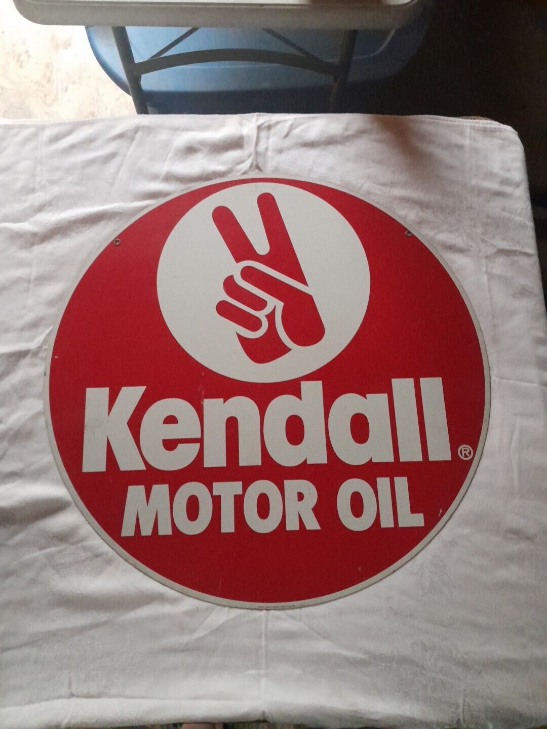 Original Vintage Kendall Motor Oil Gas Station 2 Sided Metal Sign Peace Sign