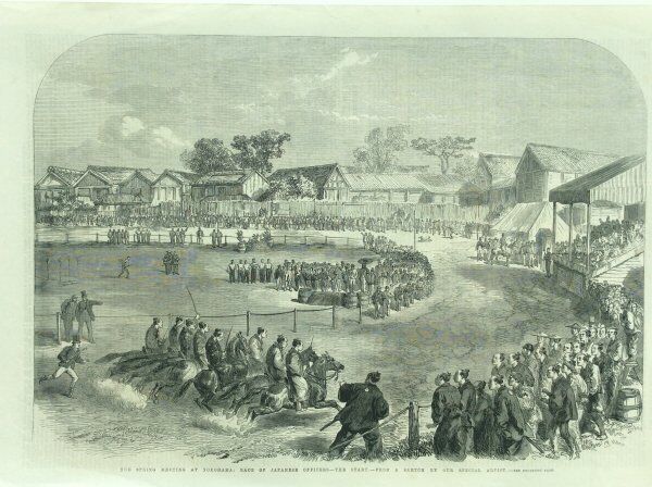 1865 Illustration Of Horse Racing Held In Yokohama London Illustrated Newspaper