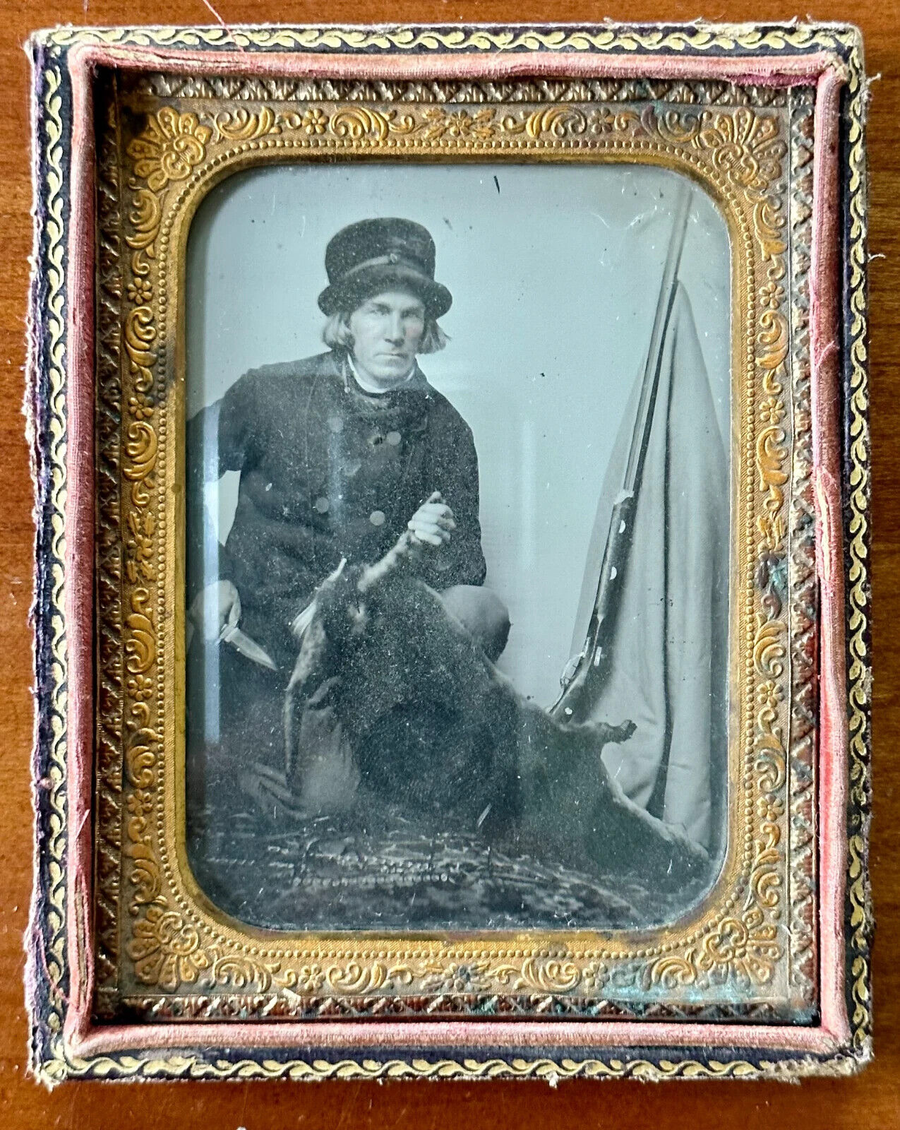 Excellent Rare 1850s Ambrotype Deer Hunter with Gun, Knife / Hunting Photo 1800s