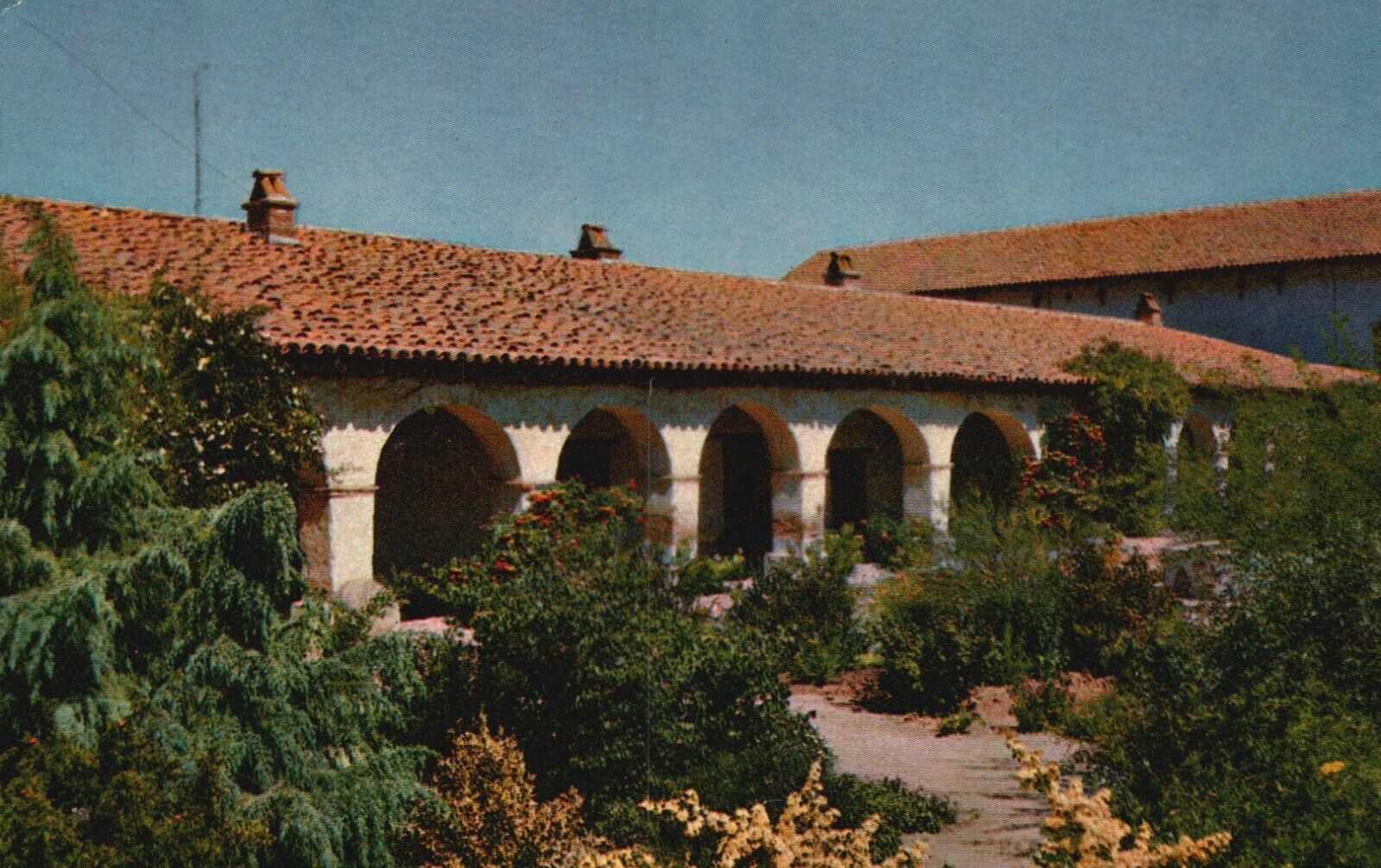 Postcard CA Salinas Valley San Miguel Mission Garden 1954 Chrome Vintage e8366