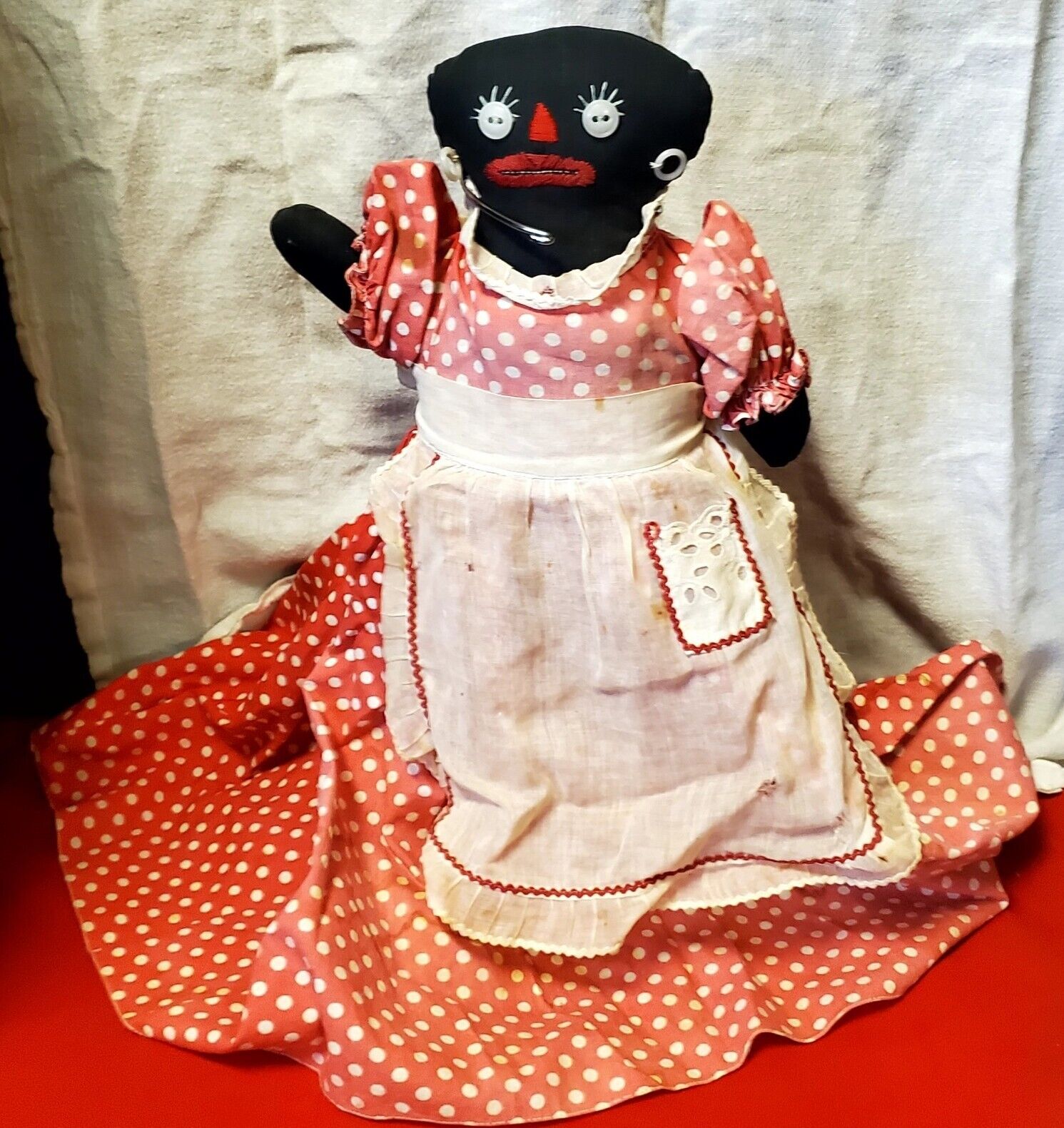 Vintage Early Americana Folk Art Cloth Doll Red Polka Dot Dress Toaster Cover