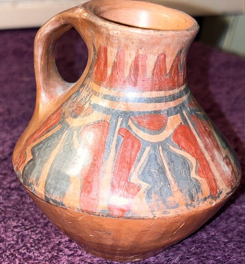 Native American Mexican pot clay vtg pitcher small handbuilt painted signed