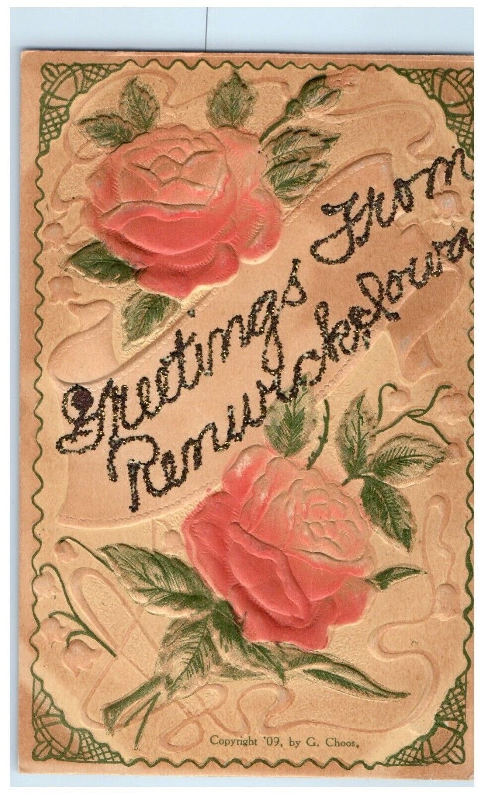 c1910 Greetings From Remurck Iowa Glitter Embossed Vintage Antique IA Postcard